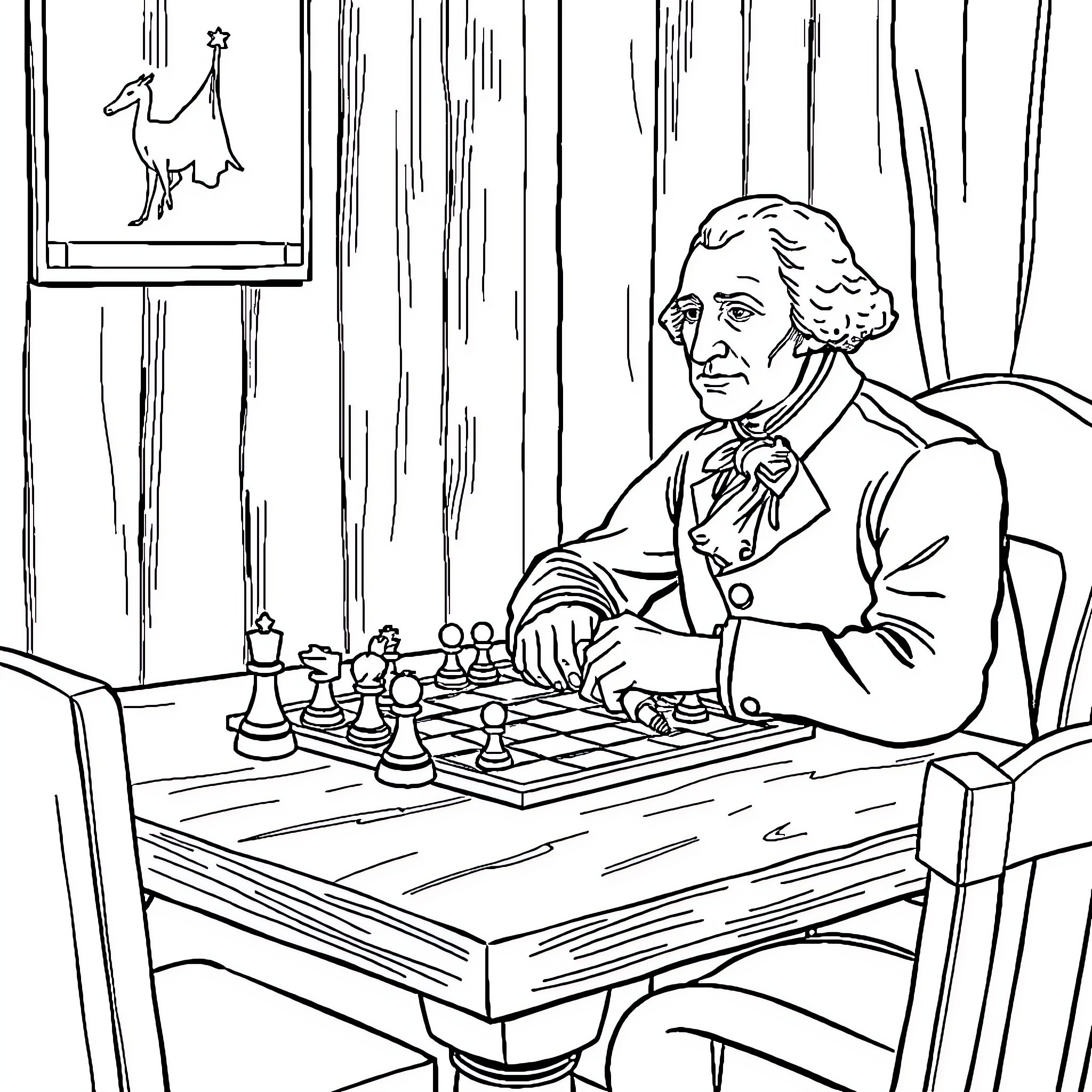 George Washington contemplating a chess move Coloring Page (free black-and-white line drawing printable PDF for all, from beginners to advanced learners, including children, teens, adults, and seniors)