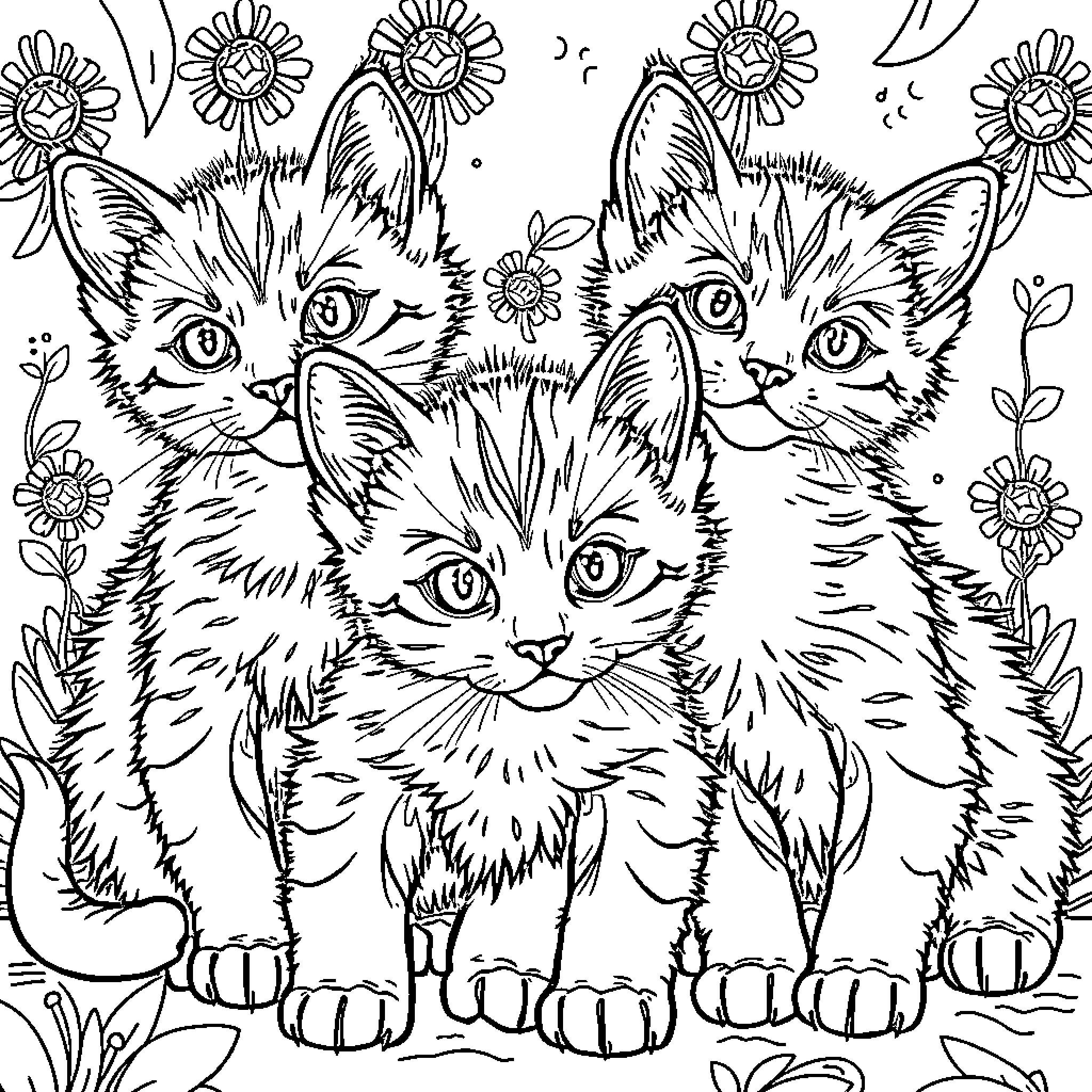 Kittens surrounded by happy flowers Coloring Page (free black-and-white line drawing printable PDF for all, from beginners to advanced learners, including children, teens, adults, and seniors)