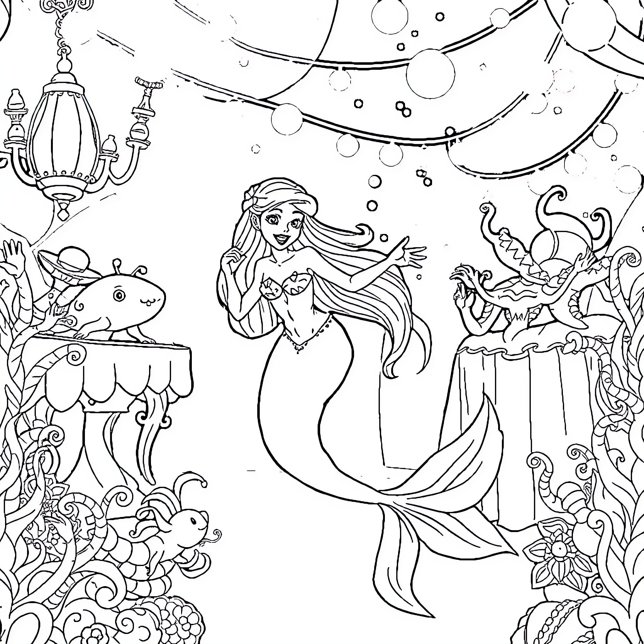 Mermaid surrounded by marine life in an underwater fantasy scene Coloring Page (free black-and-white line drawing printable PDF for all, from beginners to advanced learners, including children, teens, adults, and seniors)