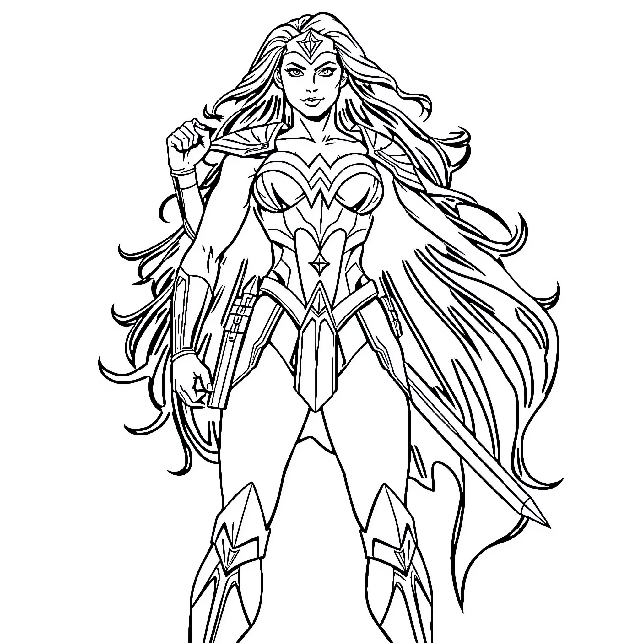Wonder Woman in powerful heroic pose Coloring Page (free black-and-white line drawing printable PDF for all, from beginners to advanced learners, including children, teens, adults, and seniors)