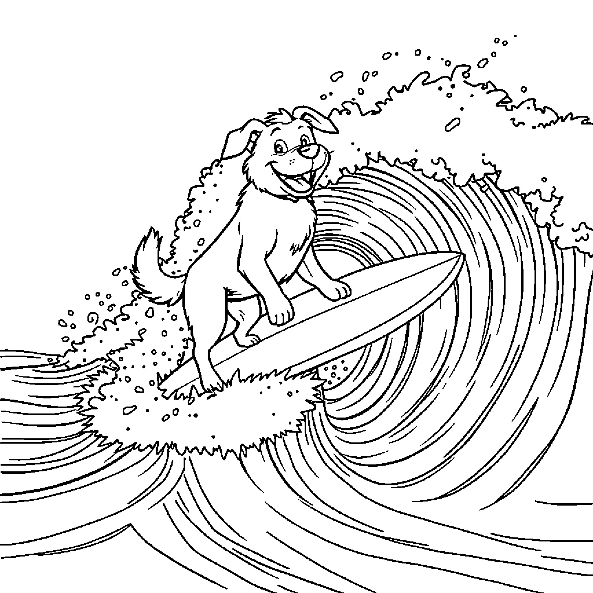 Dog surfing happily on ocean waves Coloring Page (free black-and-white line drawing printable PDF for all, from beginners to advanced learners, including children, teens, adults, and seniors)