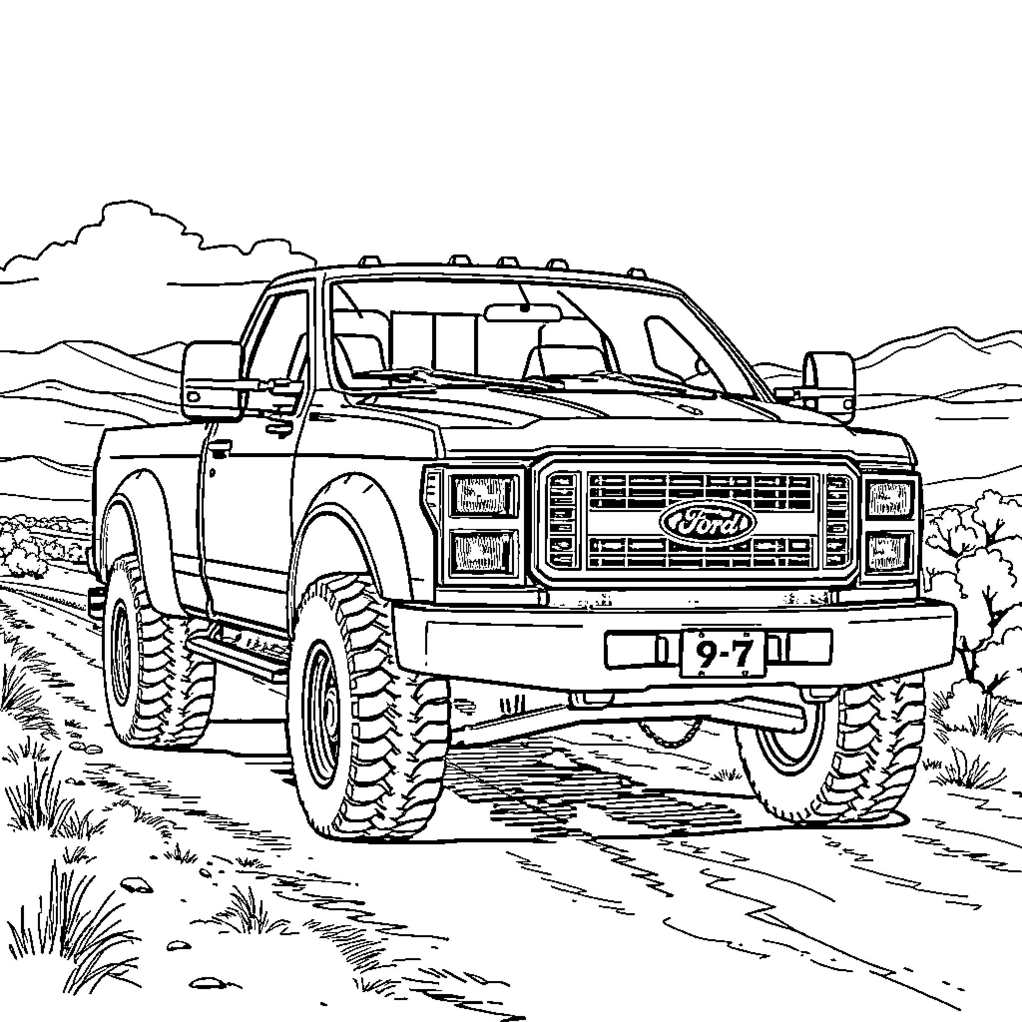Ford Truck driving through rugged terrain Coloring Page (free black-and-white line drawing printable PDF for all, from beginners to advanced learners, including children, teens, adults, and seniors)