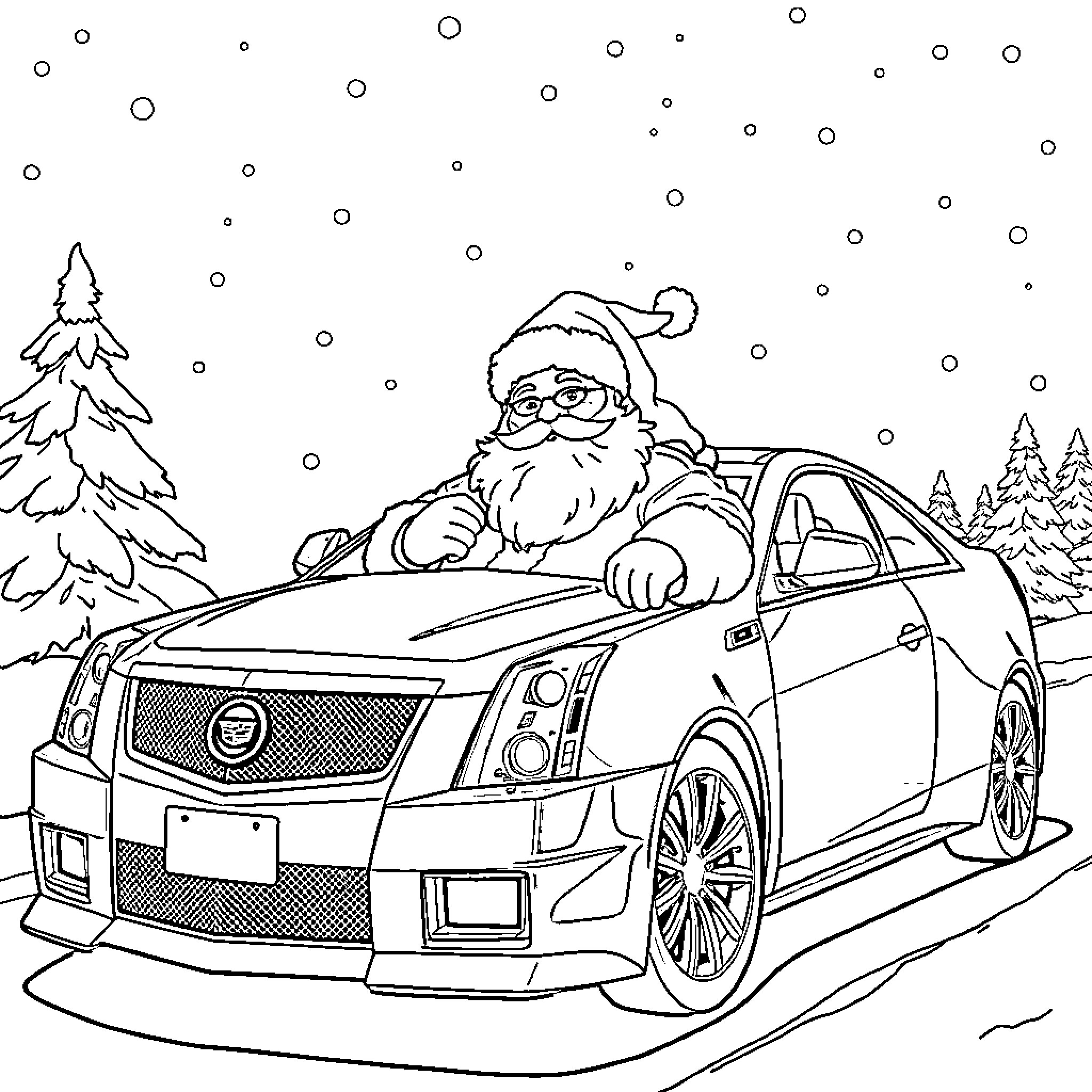 Santa driving sports car in snowy landscape Coloring Page (free black-and-white line drawing printable PDF for all, from beginners to advanced learners, including children, teens, adults, and seniors)