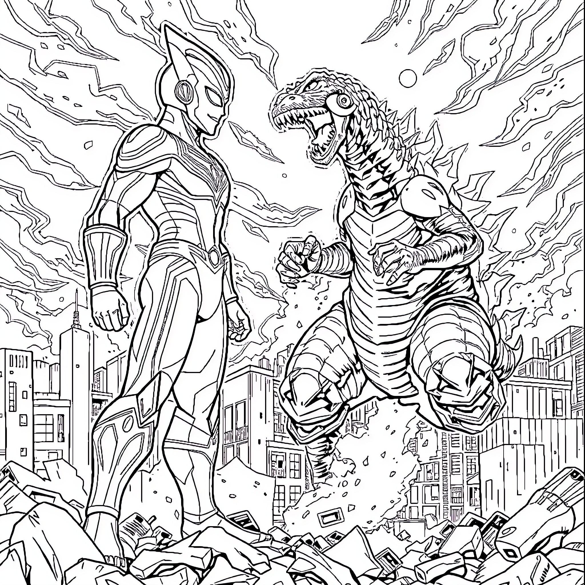 Ultraman confronts a monstrous foe in the city Coloring Page (free black-and-white line drawing printable PDF for all, from beginners to advanced learners, including children, teens, adults, and seniors)