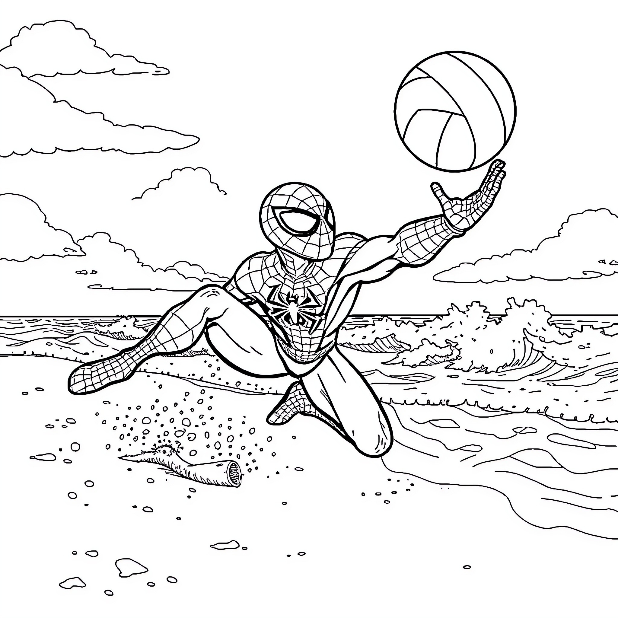 Spiderman surfing on the waves Coloring Page (free black-and-white line drawing printable PDF for all, from beginners to advanced learners, including children, teens, adults, and seniors)