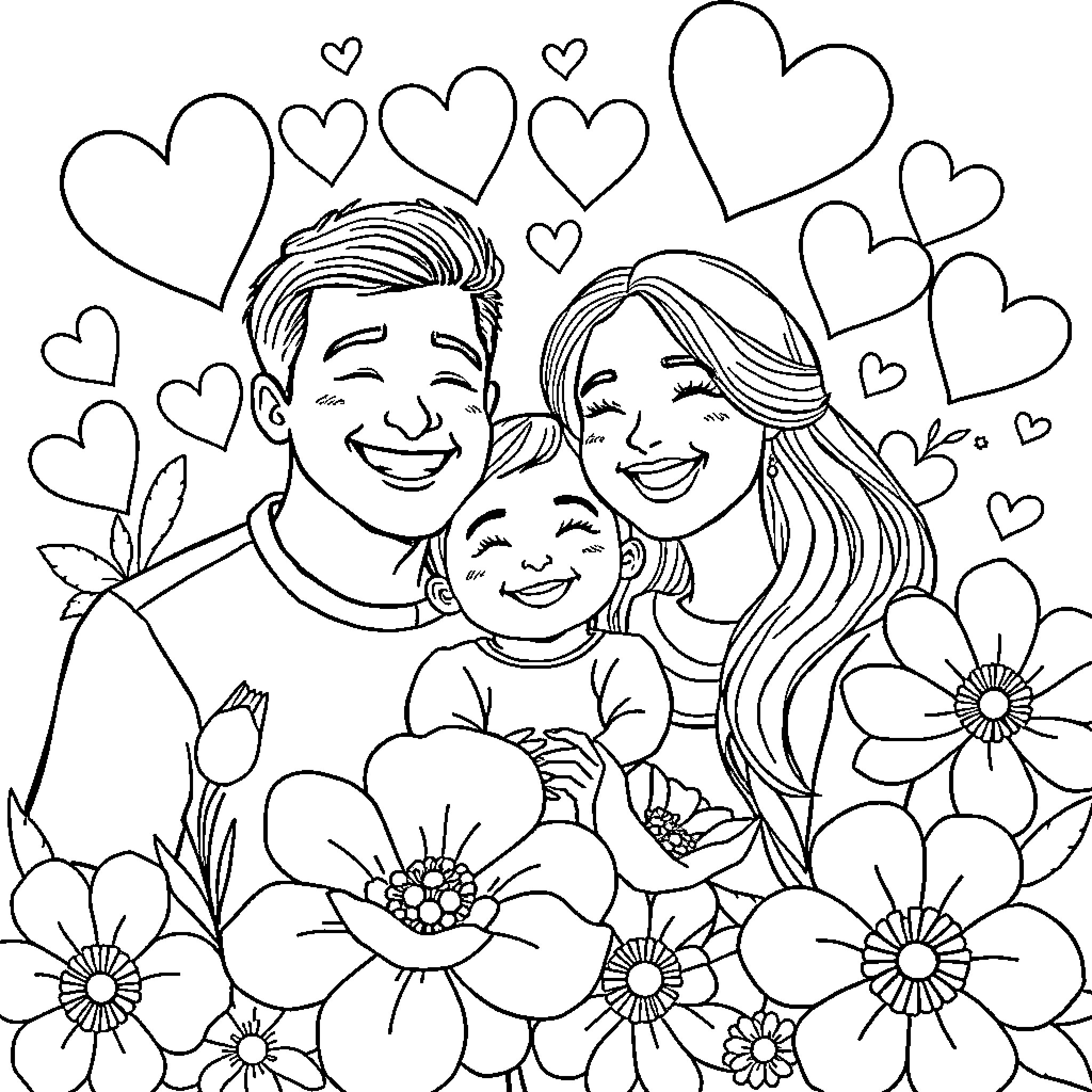 Family enjoying time together surrounded by hearts and flowers Coloring Page (free black-and-white line drawing printable PDF for all, from beginners to advanced learners, including children, teens, adults, and seniors)