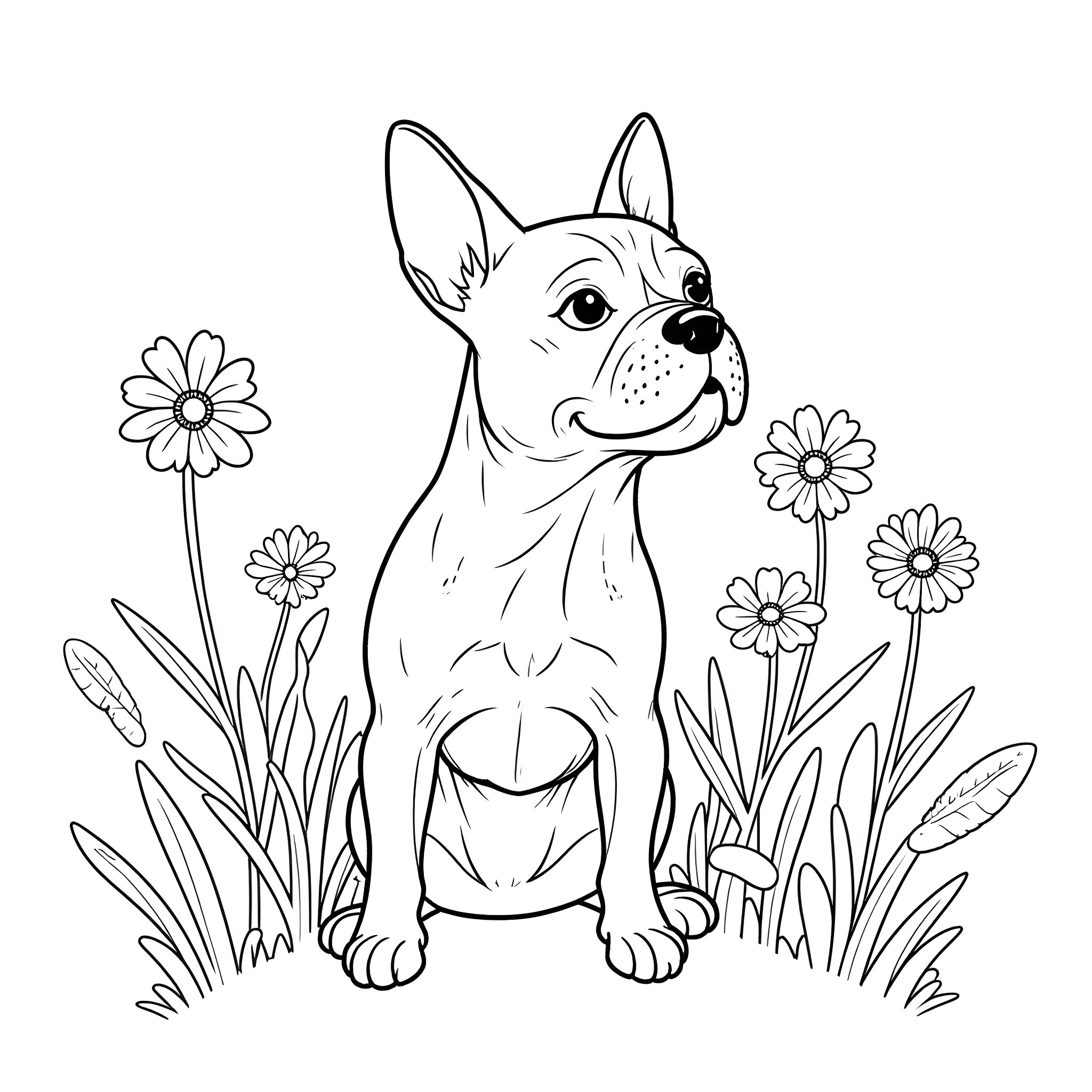 French Bulldog surrounded by flowers in the garden Coloring Page (free black-and-white line drawing printable PDF for all, from beginners to advanced learners, including children, teens, adults, and seniors)