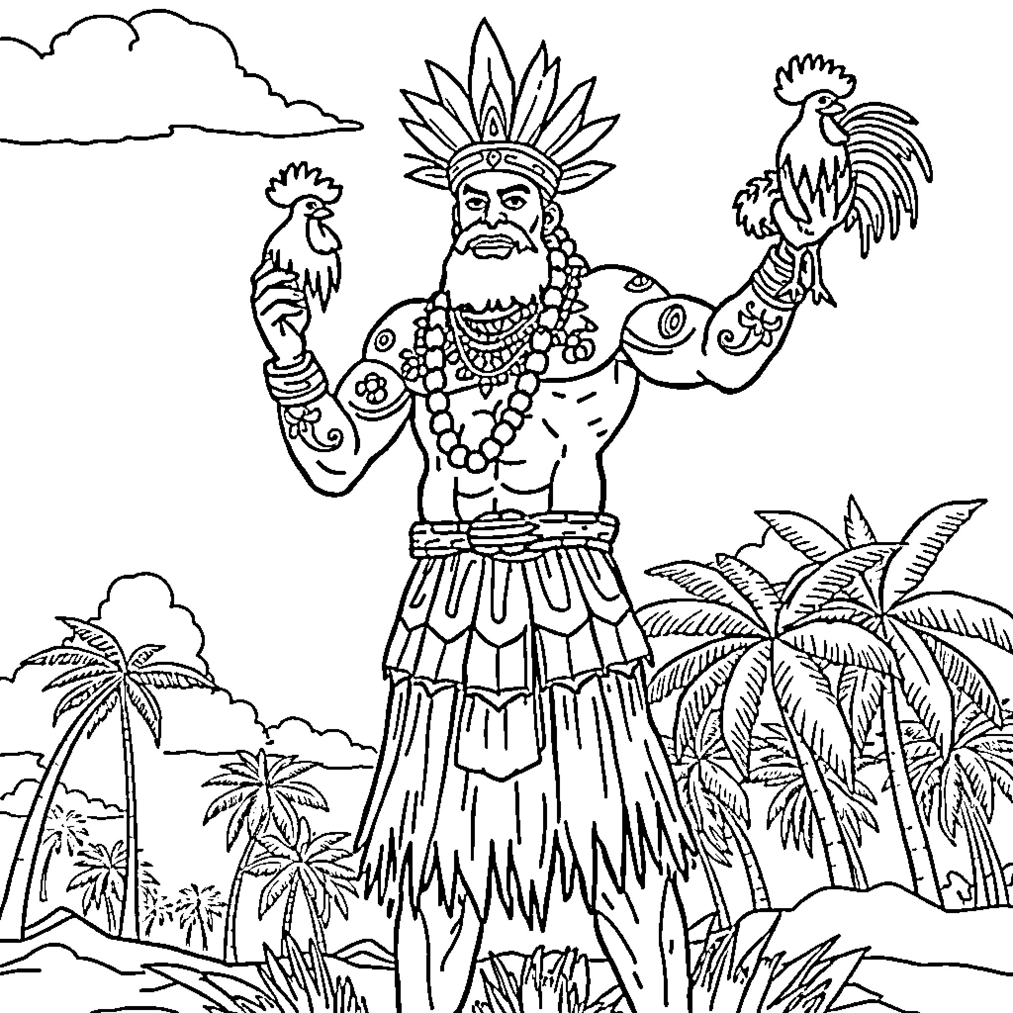 Polynesian Warrior Holding Ceremonial Staffs in Tropical Landscape Coloring Page (free black-and-white line drawing printable PDF for all, from beginners to advanced learners, including children, teens, adults, and seniors)