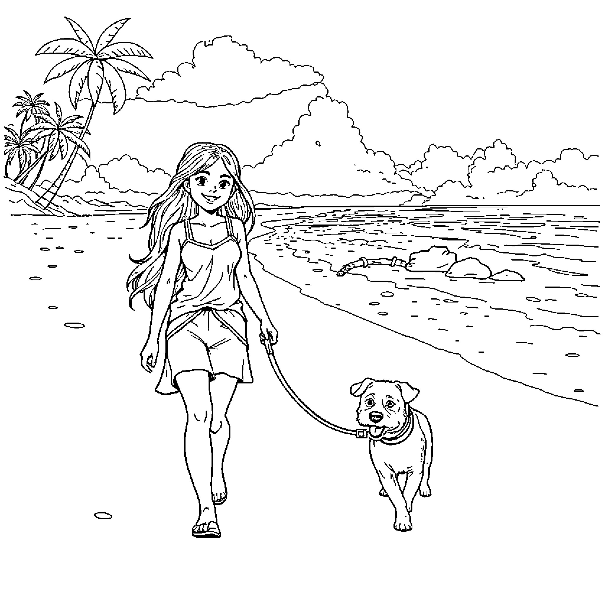 Girl walking dog on beach with palm trees Coloring Page (free black-and-white line drawing printable PDF for all, from beginners to advanced learners, including children, teens, adults, and seniors)
