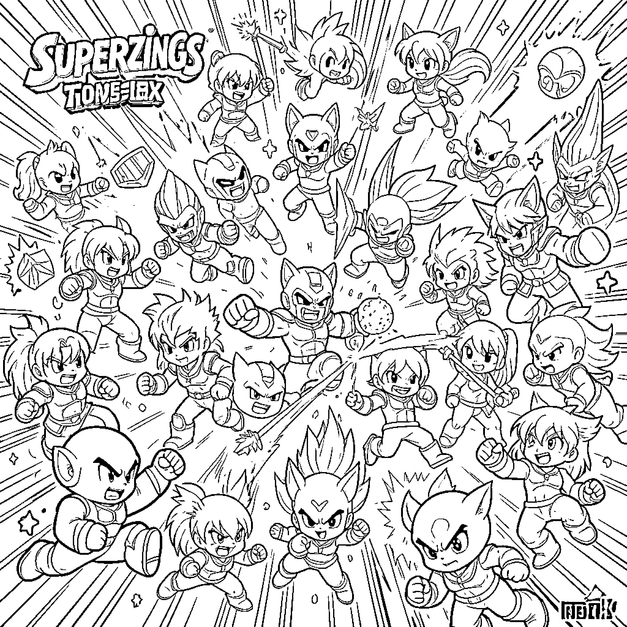 Superzings in dynamic and energetic action Coloring Page (free black-and-white line drawing printable PDF for all, from beginners to advanced learners, including children, teens, adults, and seniors)
