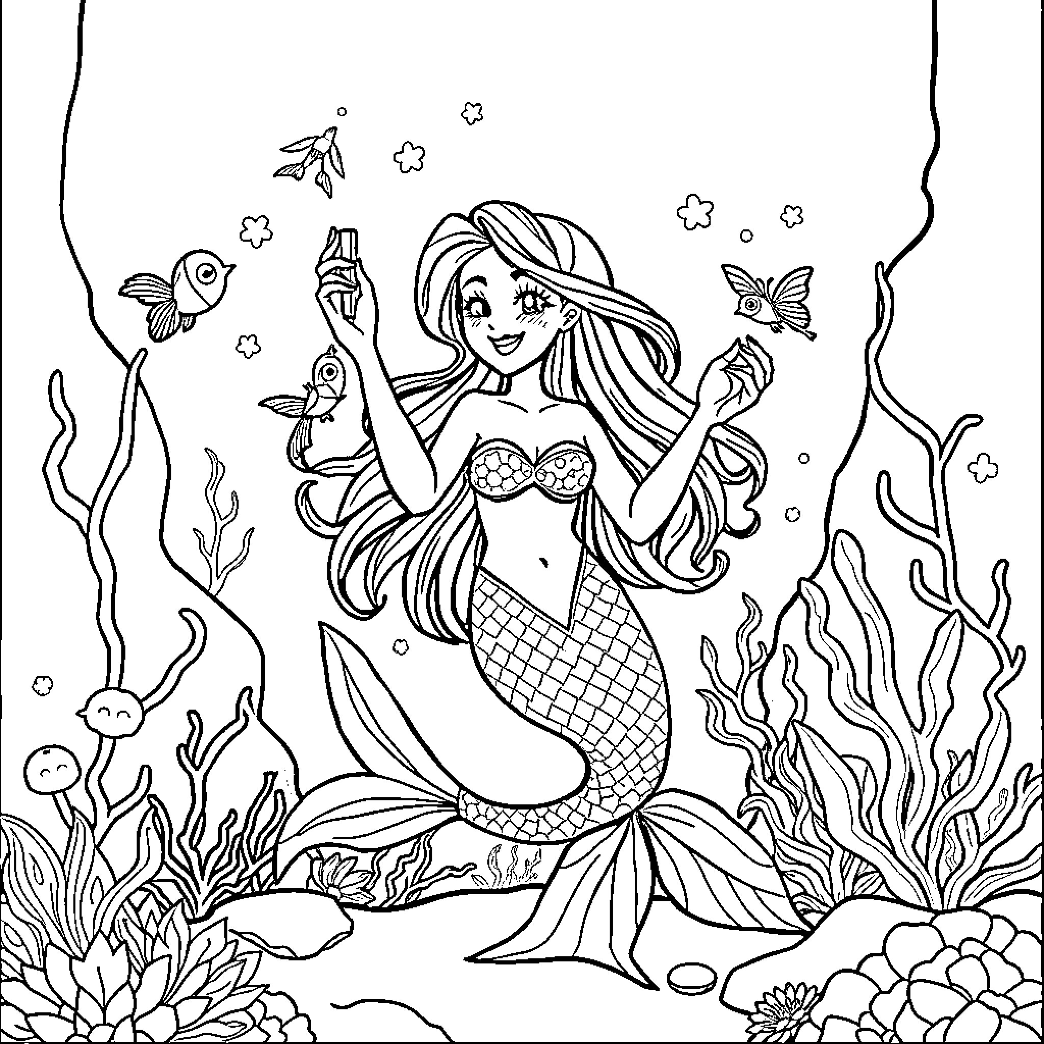 Sirena swimming gracefully among sea creatures Coloring Page (free black-and-white line drawing printable PDF for all, from beginners to advanced learners, including children, teens, adults, and seniors)