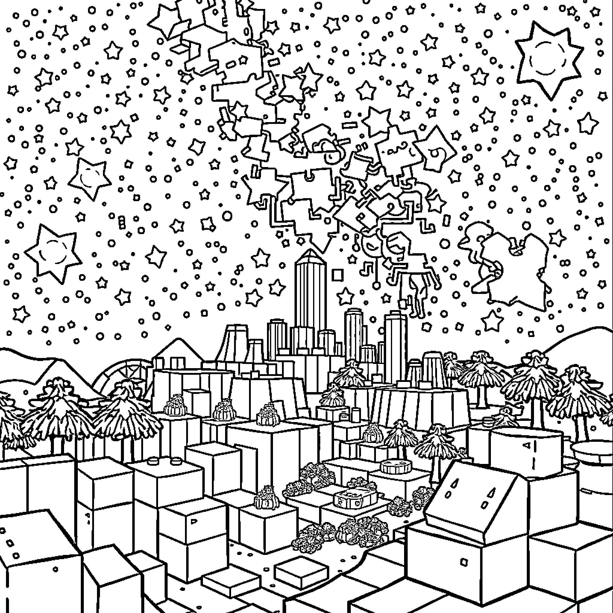 Minecraft Cityscape with Starry Night Sky Coloring Page (free black-and-white line drawing printable PDF for all, from beginners to advanced learners, including children, teens, adults, and seniors)