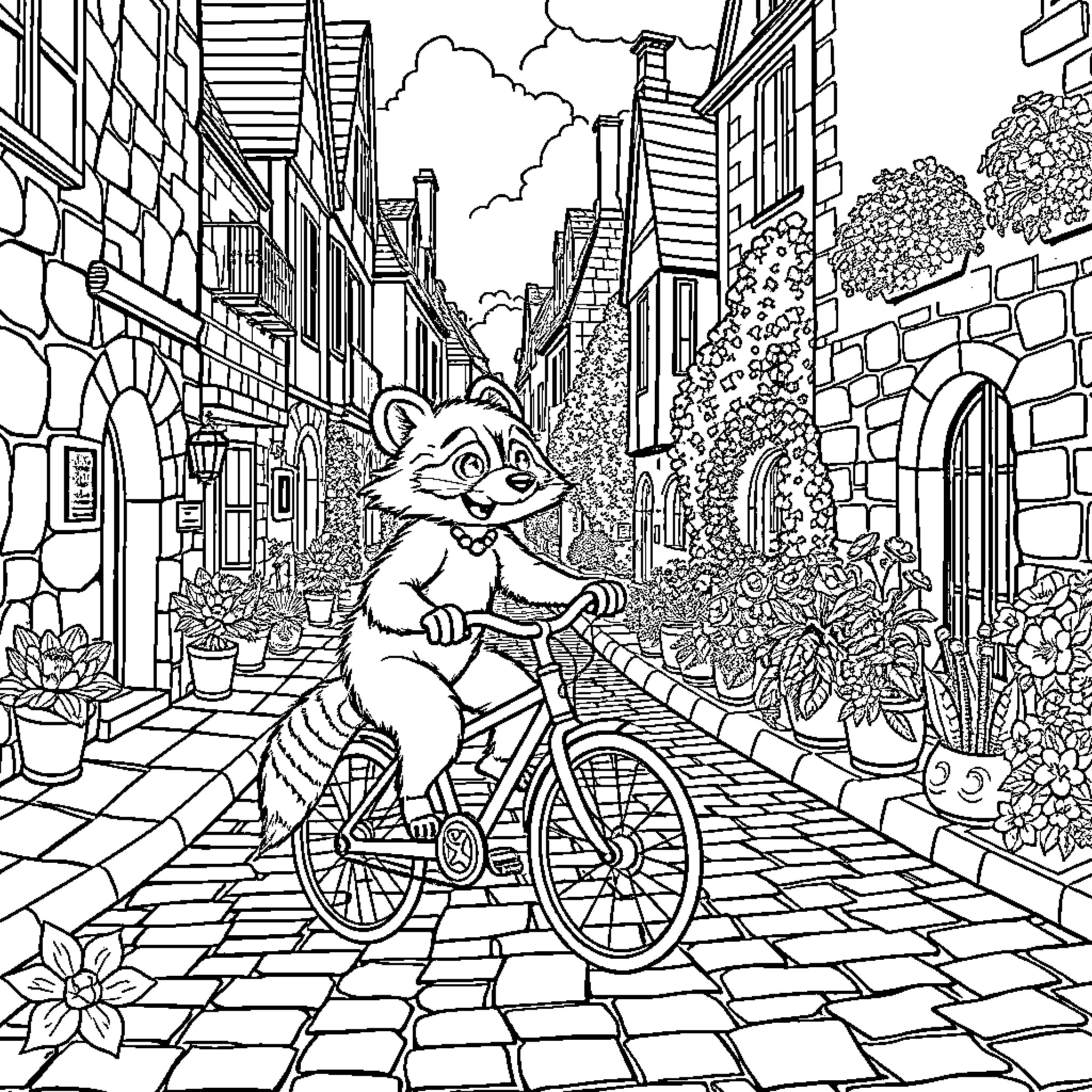 Raccoon riding a bicycle through a charming town Coloring Page (free black-and-white line drawing printable PDF for all, from beginners to advanced learners, including children, teens, adults, and seniors)