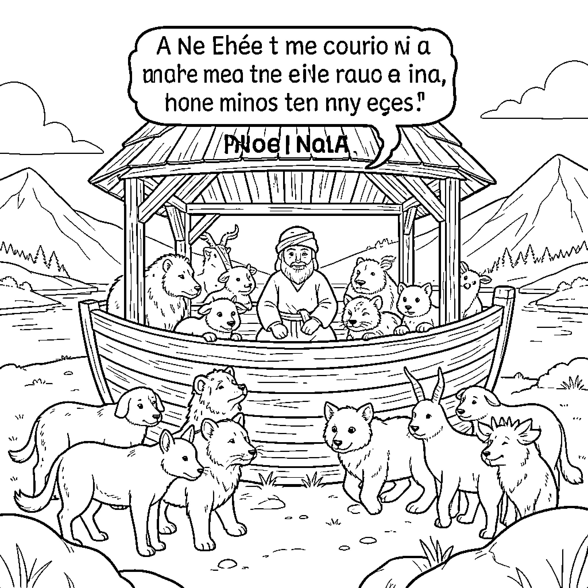 Noah sitting in an ark surrounded by many animals Coloring Page (free black-and-white line drawing printable PDF for all, from beginners to advanced learners, including children, teens, adults, and seniors)