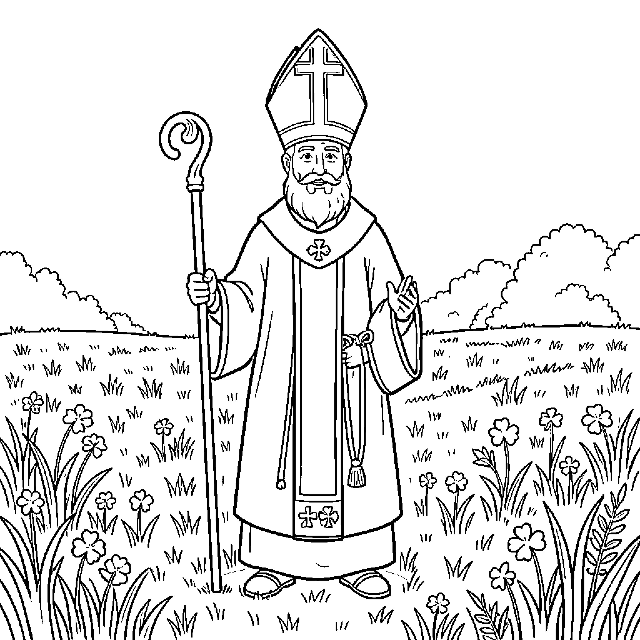 St. Patrick holding a crosier in a field of flowers Coloring Page (free black-and-white line drawing printable PDF for all, from beginners to advanced learners, including children, teens, adults, and seniors)