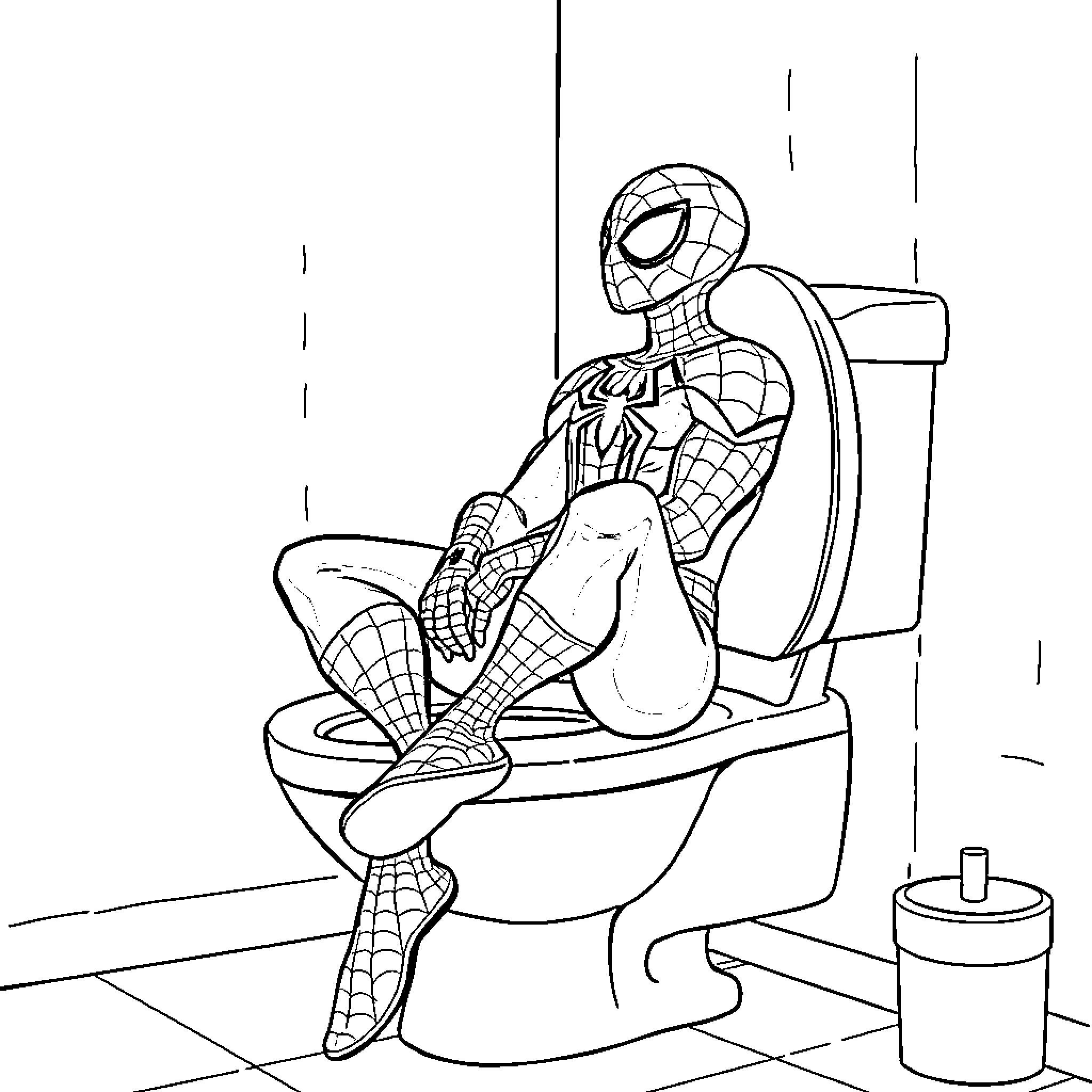 Spider-Man sitting on a toilet Coloring Page (free black-and-white line drawing printable PDF for all, from beginners to advanced learners, including children, teens, adults, and seniors)