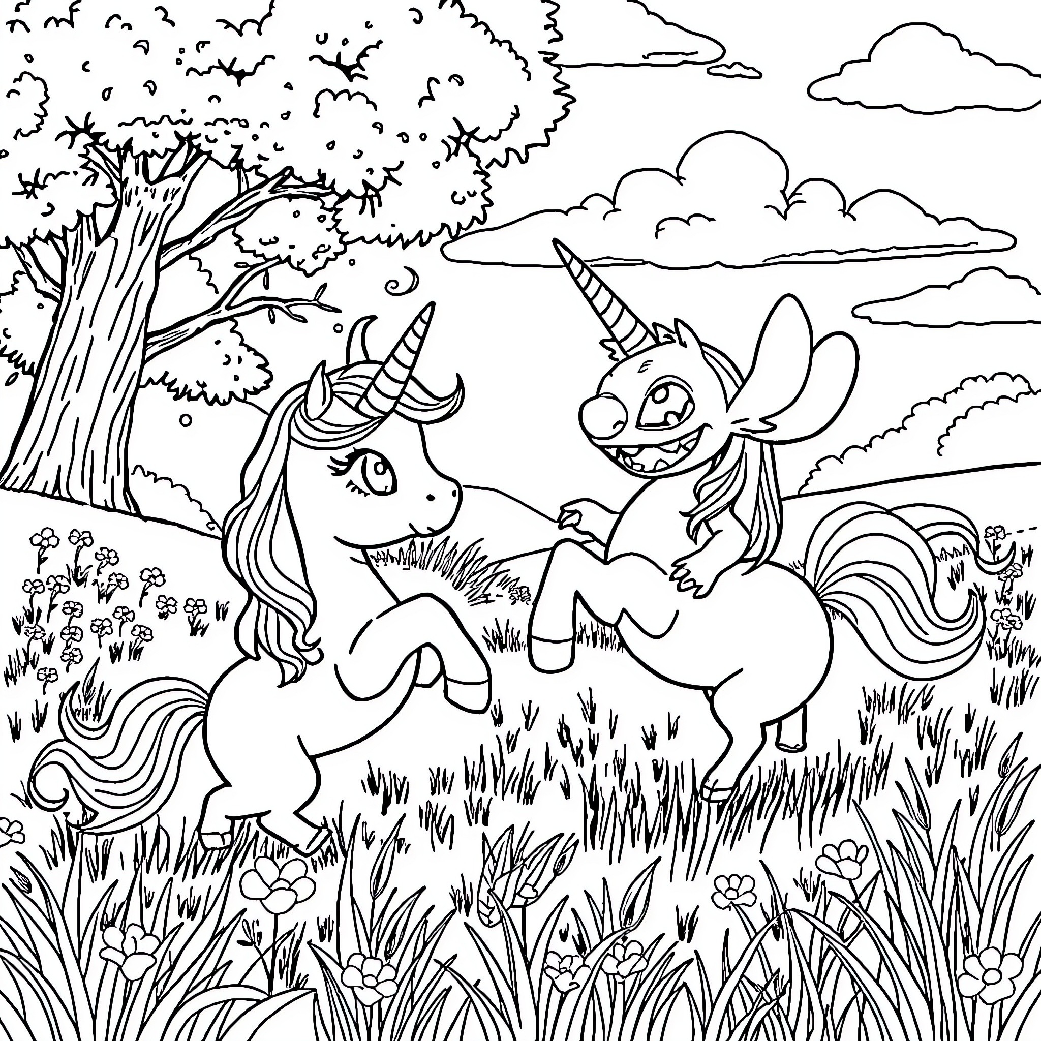 Unicorn playing joyfully with magical creature in enchanted forest Coloring Page (free black-and-white line drawing printable PDF for all, from beginners to advanced learners, including children, teens, adults, and seniors)