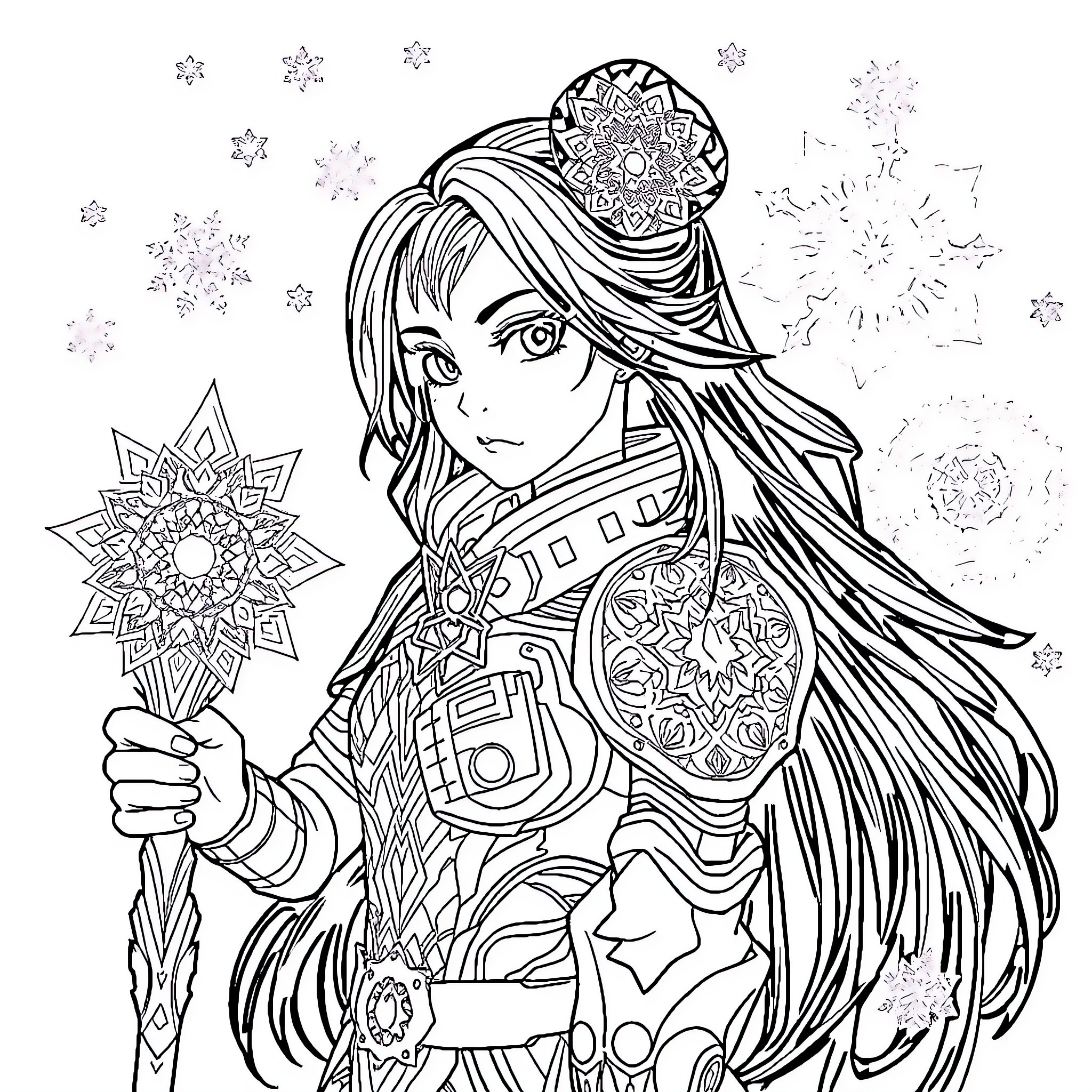 Anime Girl with Intricate Floral Headpiece and Dress Coloring Page (free black-and-white line drawing printable PDF for all, from beginners to advanced learners, including children, teens, adults, and seniors)