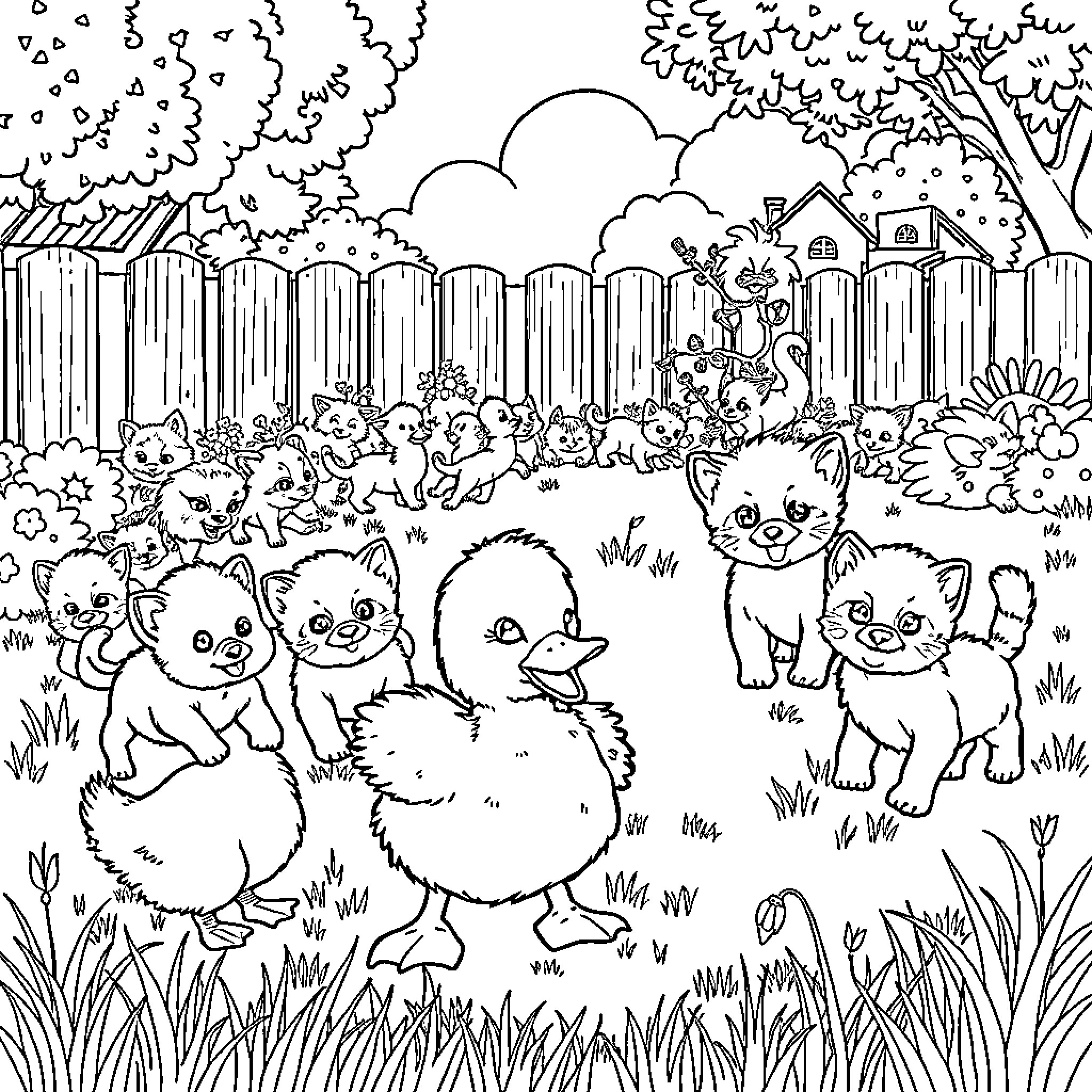 Duckling and Kittens Playing in Backyard Coloring Page (free black-and-white line drawing printable PDF for all, from beginners to advanced learners, including children, teens, adults, and seniors)