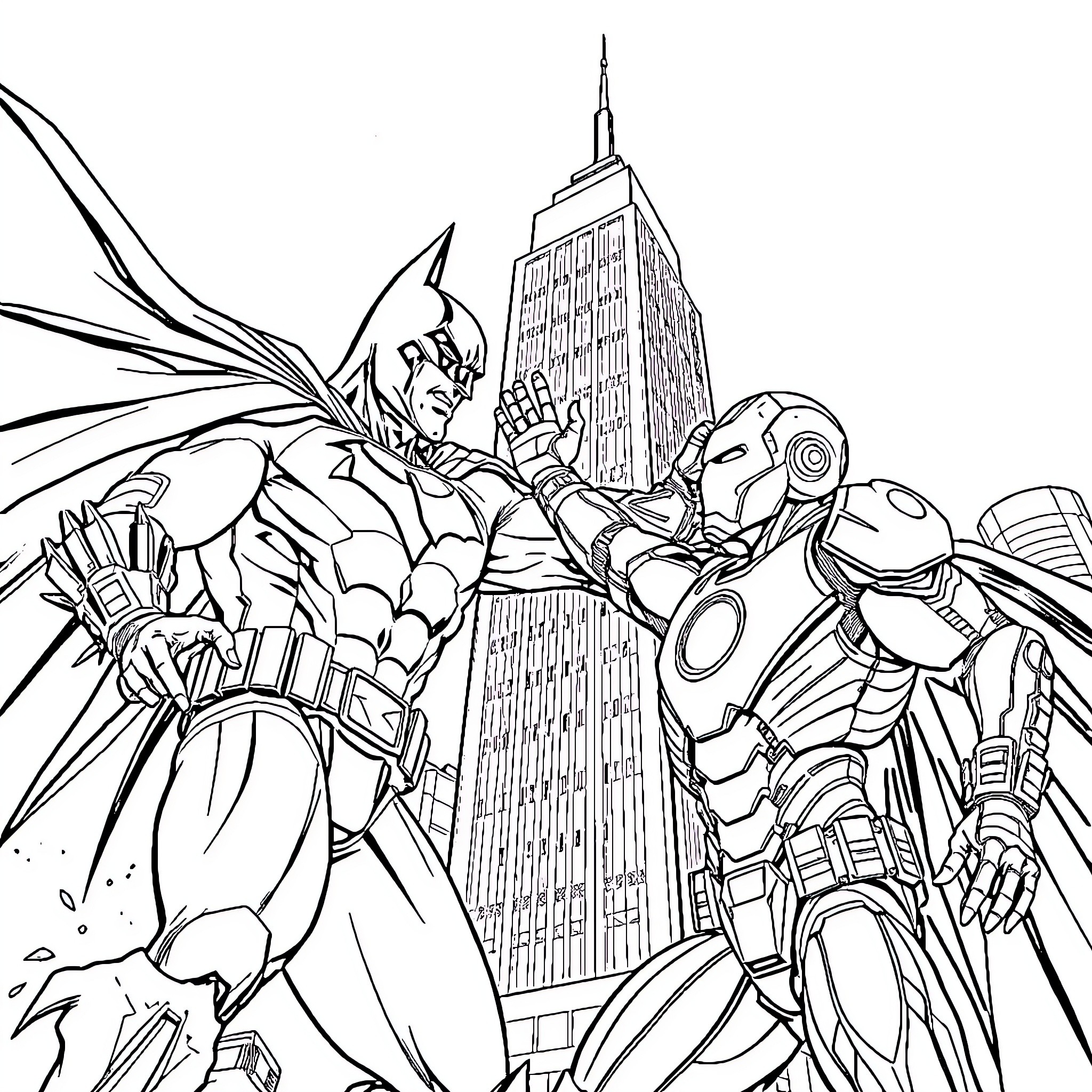 Batman battling foes amidst city skyline Coloring Page (free black-and-white line drawing printable PDF for all, from beginners to advanced learners, including children, teens, adults, and seniors)