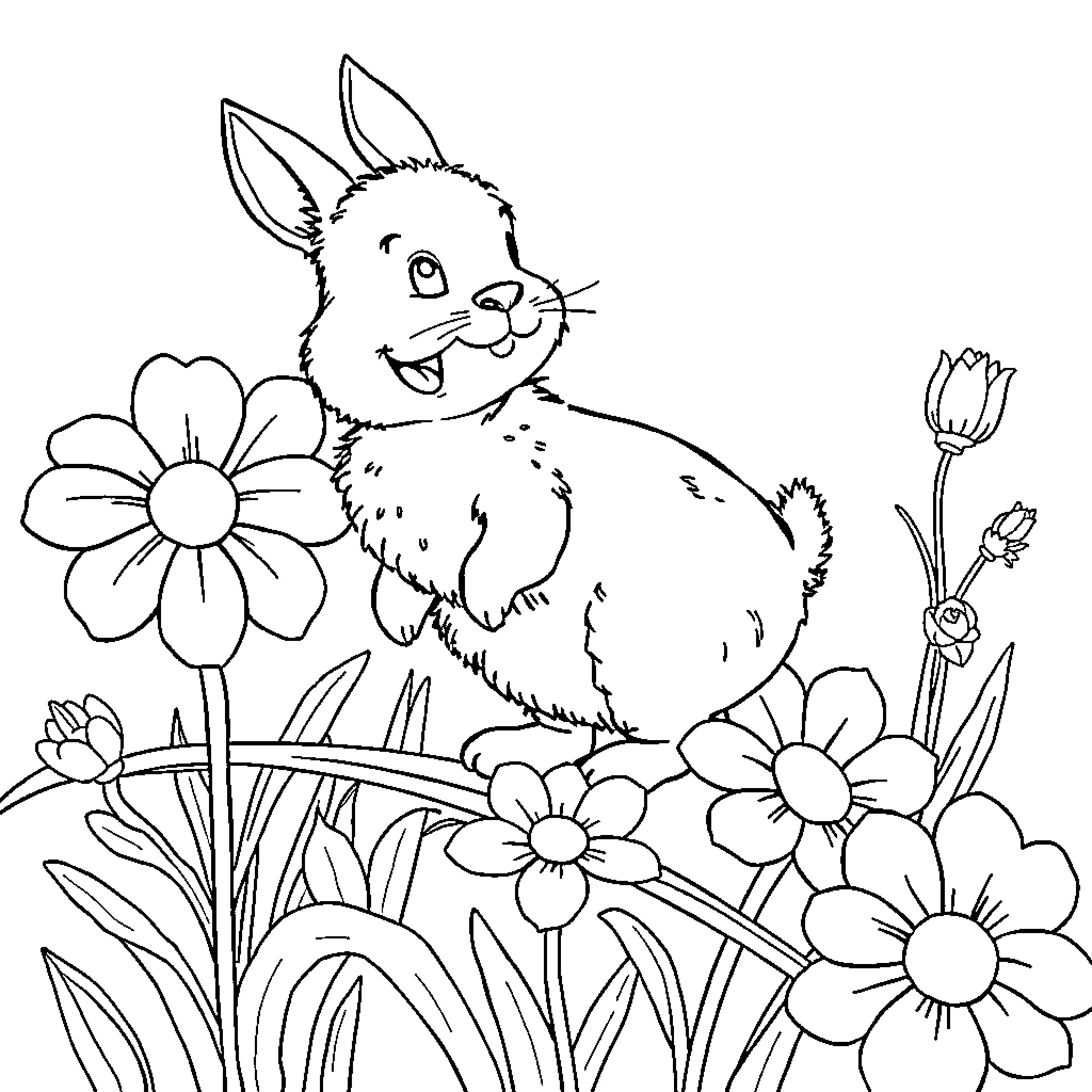 Dachshund playing happily among colorful flowers Coloring Page (free black-and-white line drawing printable PDF for all, from beginners to advanced learners, including children, teens, adults, and seniors)