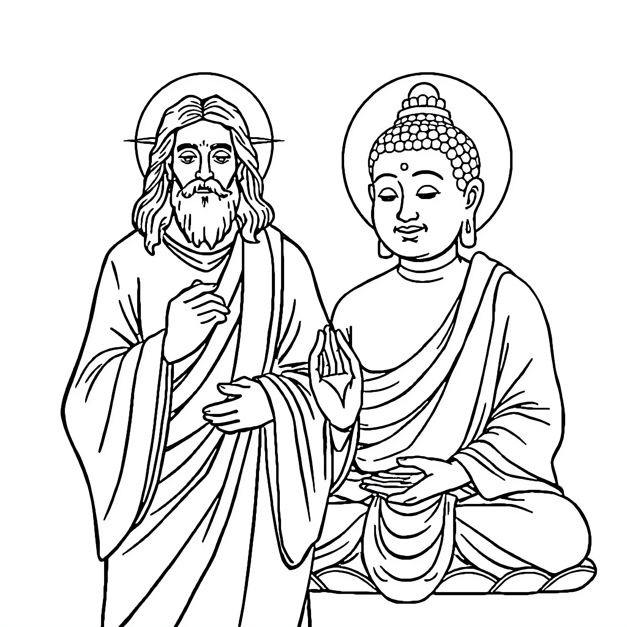Jesus and Buddha in spiritual meditation Coloring Page (free black-and-white line drawing printable PDF for all, from beginners to advanced learners, including children, teens, adults, and seniors)