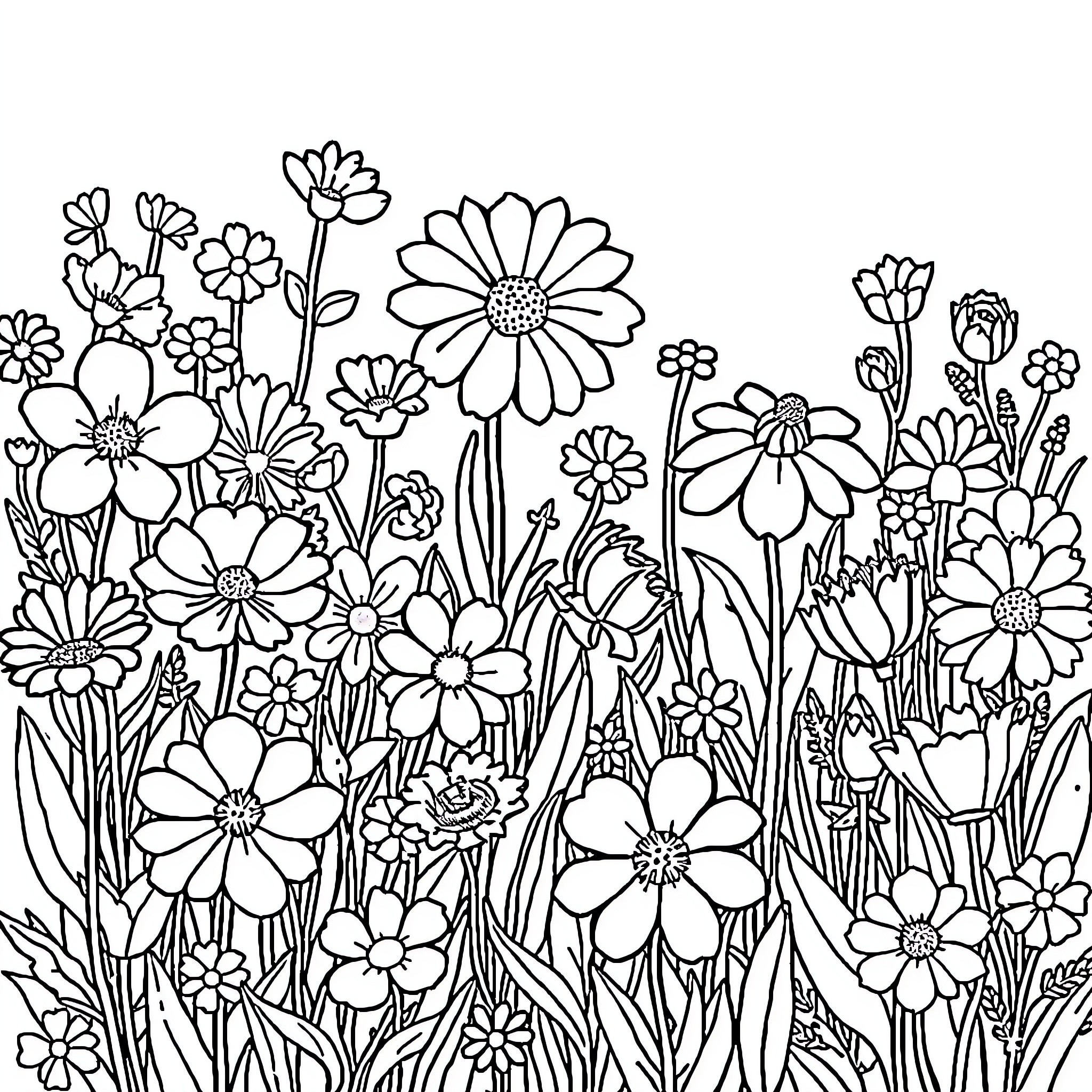Flower field with blooming florals Coloring Page (free black-and-white line drawing printable PDF for all, from beginners to advanced learners, including children, teens, adults, and seniors)