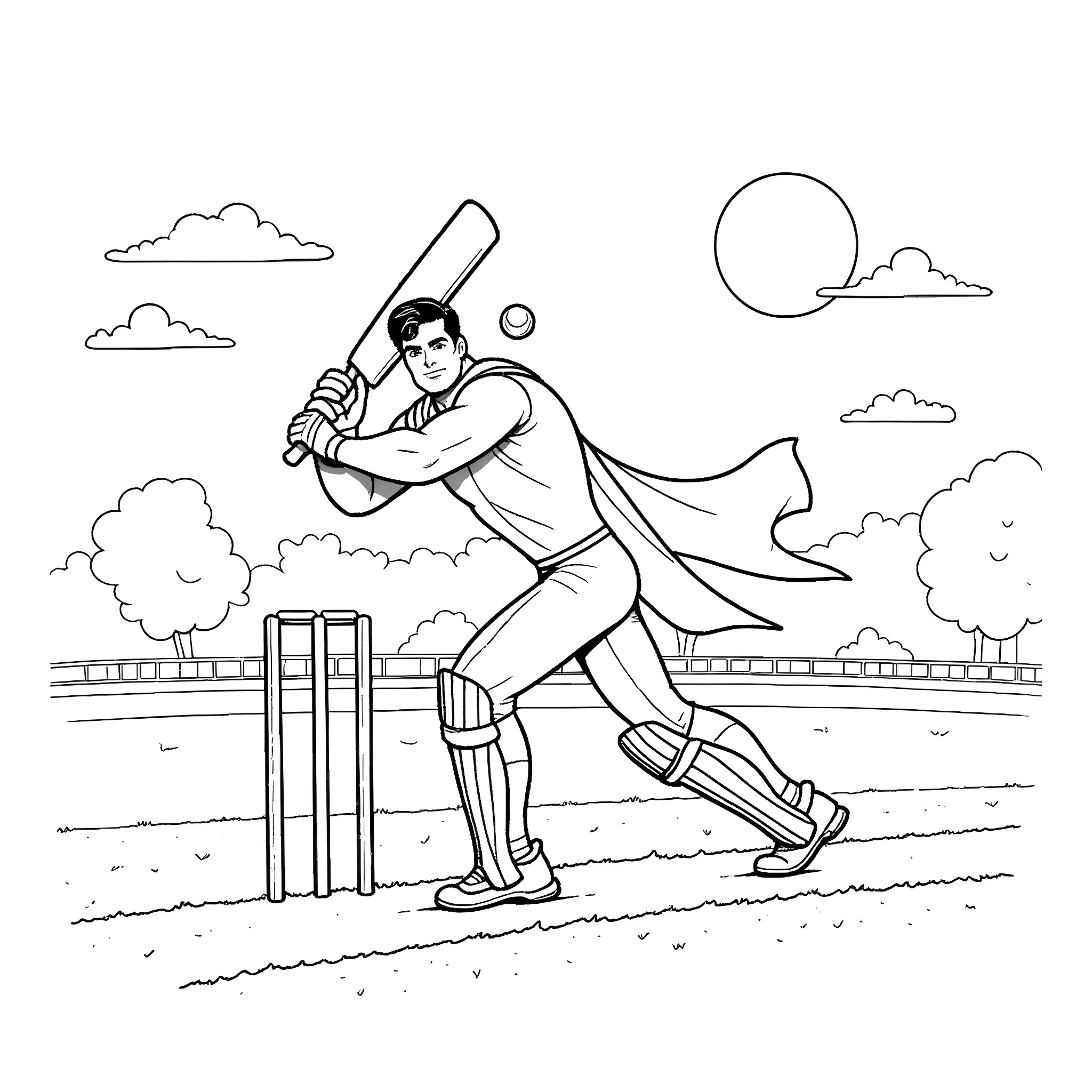 Superman batting at a cricket match Coloring Page (free black-and-white line drawing printable PDF for all, from beginners to advanced learners, including children, teens, adults, and seniors)