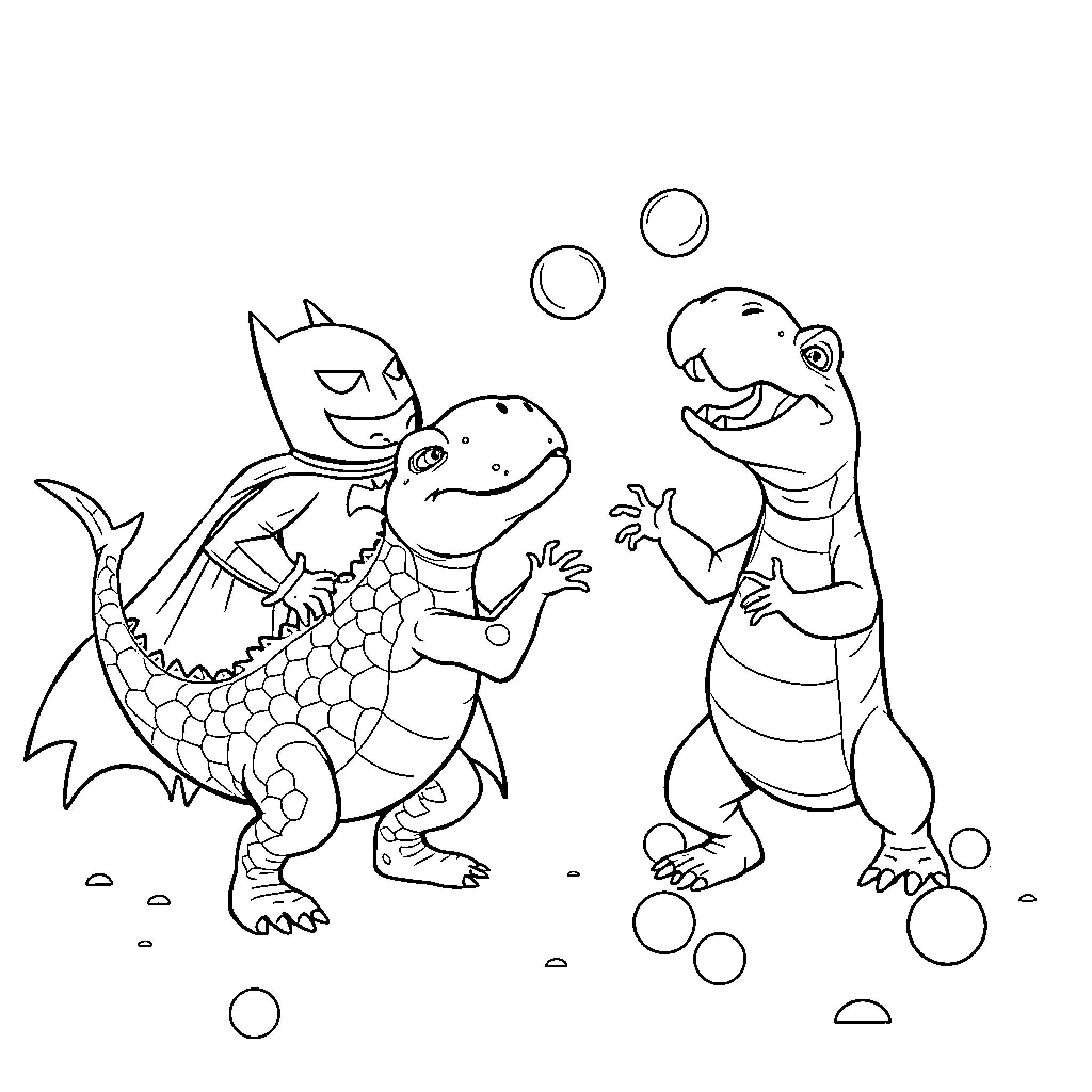 Compsognathus playing with bubbles in the park Coloring Page (free black-and-white line drawing printable PDF for all, from beginners to advanced learners, including children, teens, adults, and seniors)