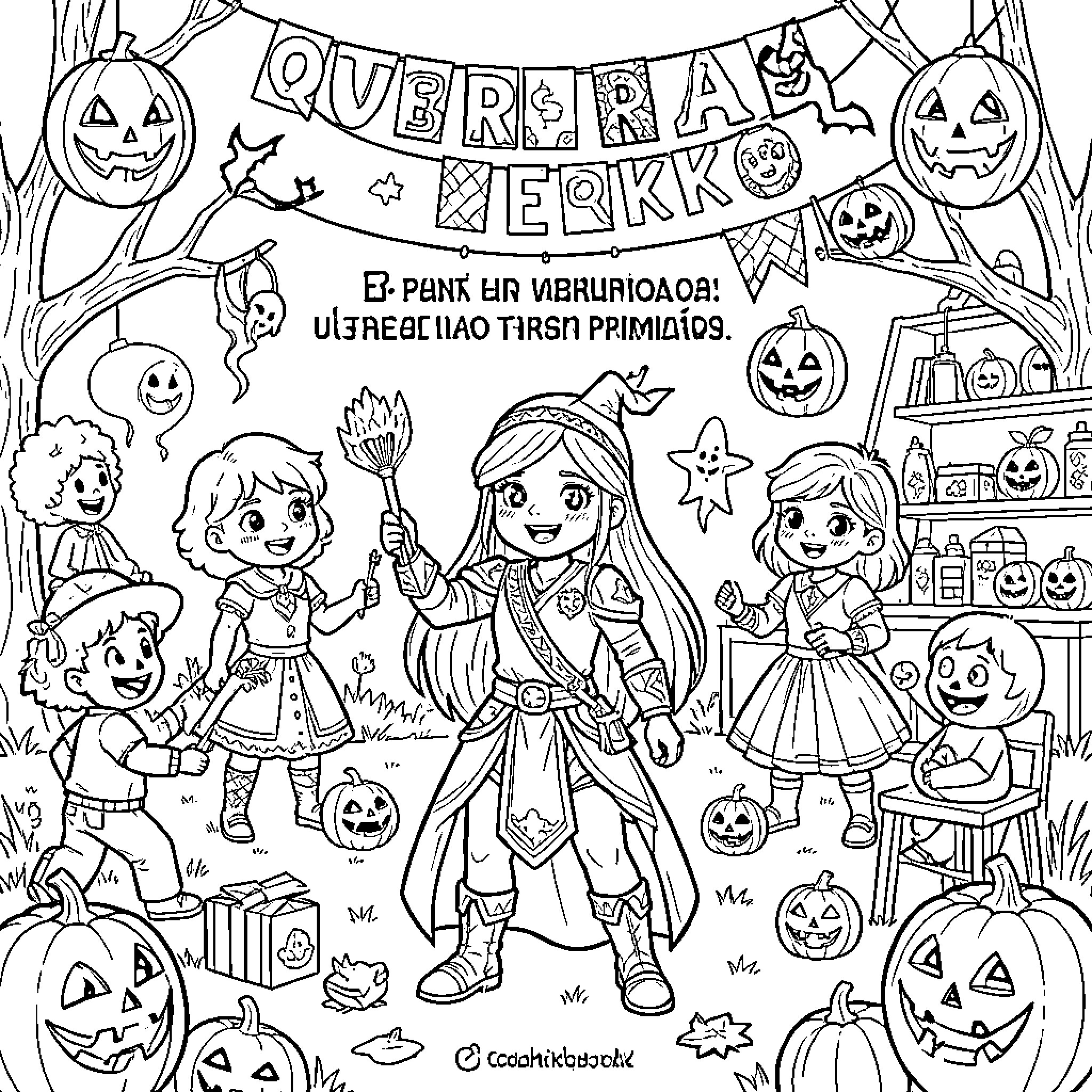 Kye celebrating Halloween with friends amidst pumpkins Coloring Page (free black-and-white line drawing printable PDF for all, from beginners to advanced learners, including children, teens, adults, and seniors)