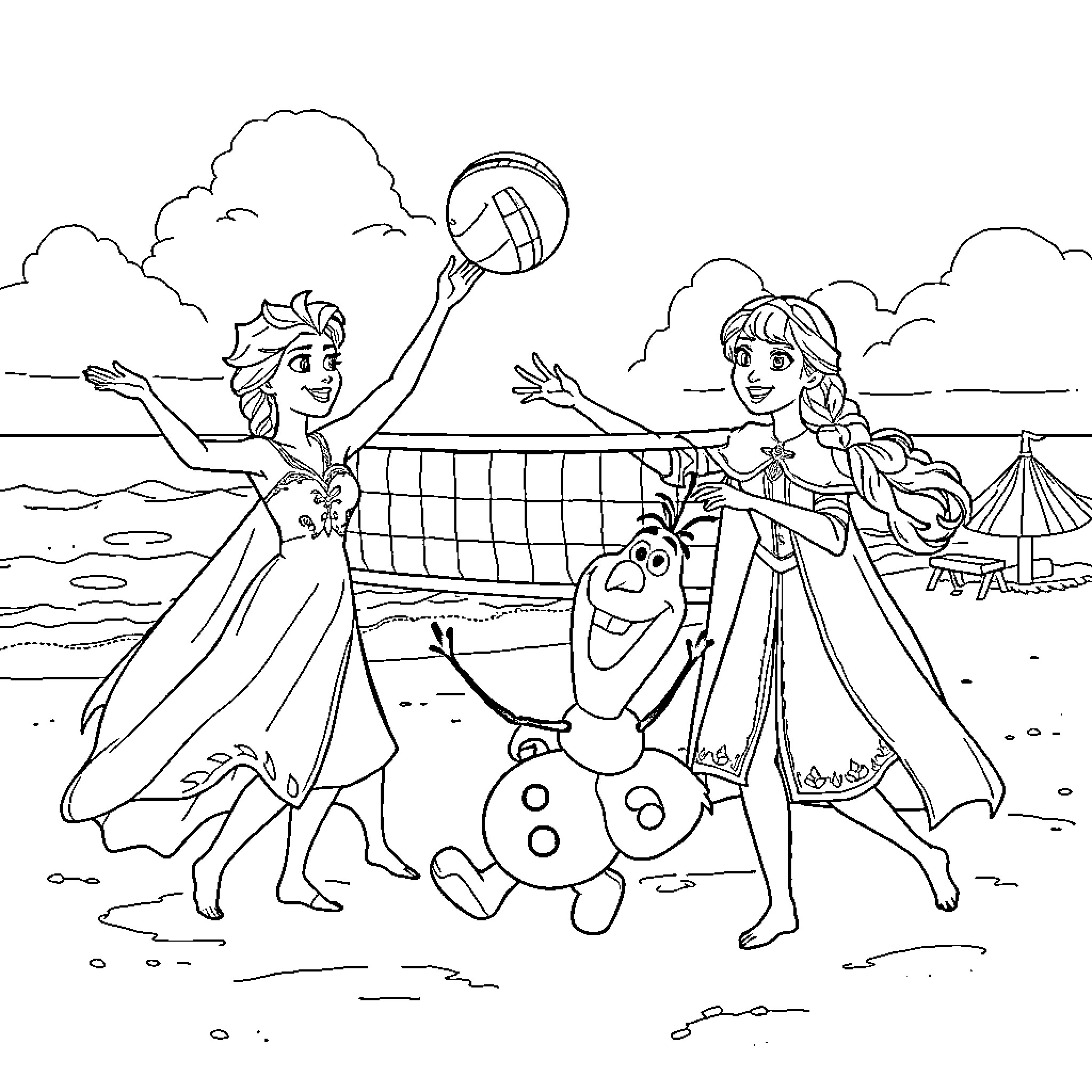 Frozen characters playing volleyball on the beach Coloring Page (free black-and-white line drawing printable PDF for all, from beginners to advanced learners, including children, teens, adults, and seniors)