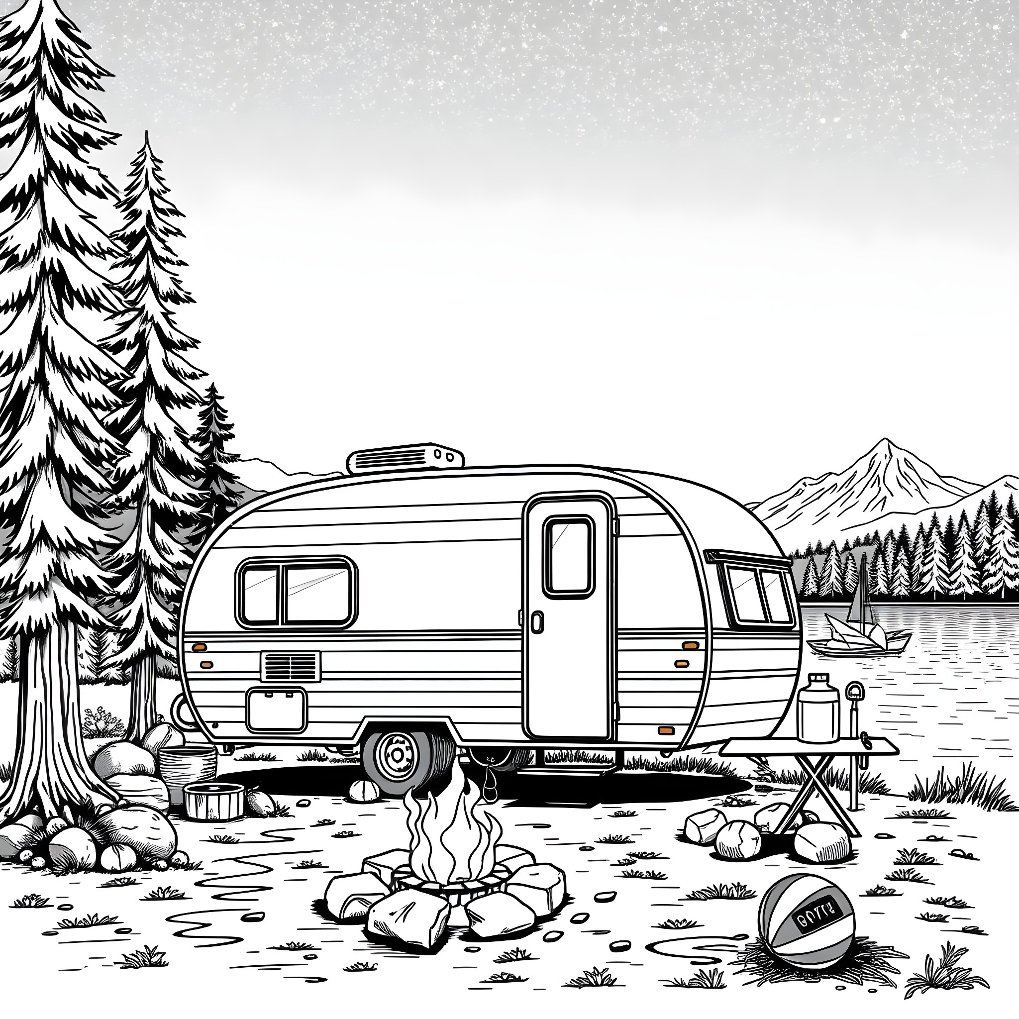 Trailer camping in the snowy wilderness Coloring Page (free black-and-white line drawing printable PDF for all, from beginners to advanced learners, including children, teens, adults, and seniors)