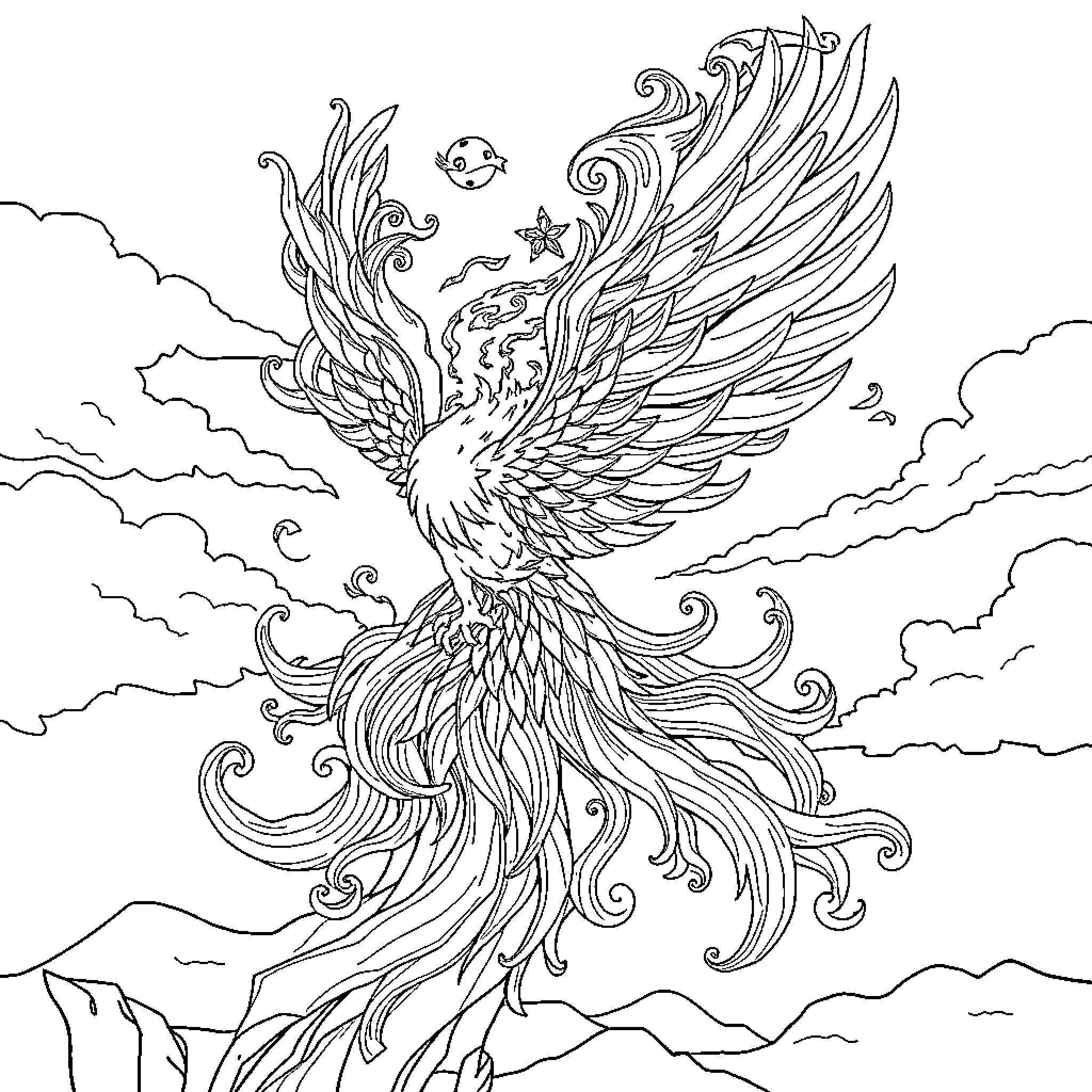 Phoenix rising majestically in the cloudy sky Coloring Page (free black-and-white line drawing printable PDF for all, from beginners to advanced learners, including children, teens, adults, and seniors)