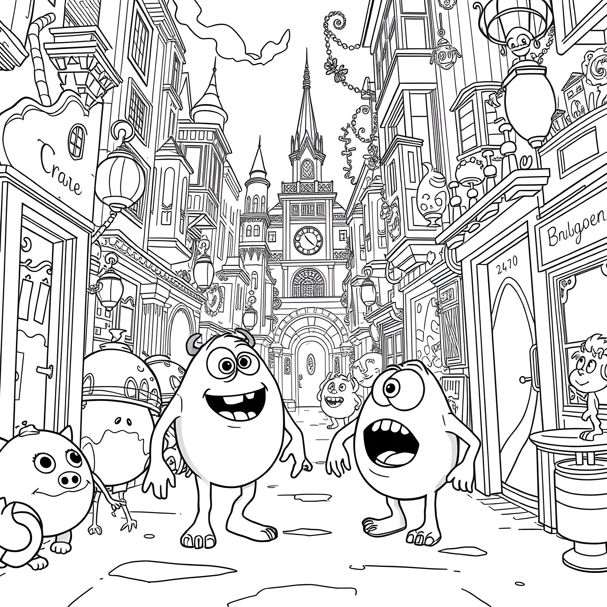 Monster Characters Exploring Whimsical Fantasy City Coloring Page (free black-and-white line drawing printable PDF for all, from beginners to advanced learners, including children, teens, adults, and seniors)