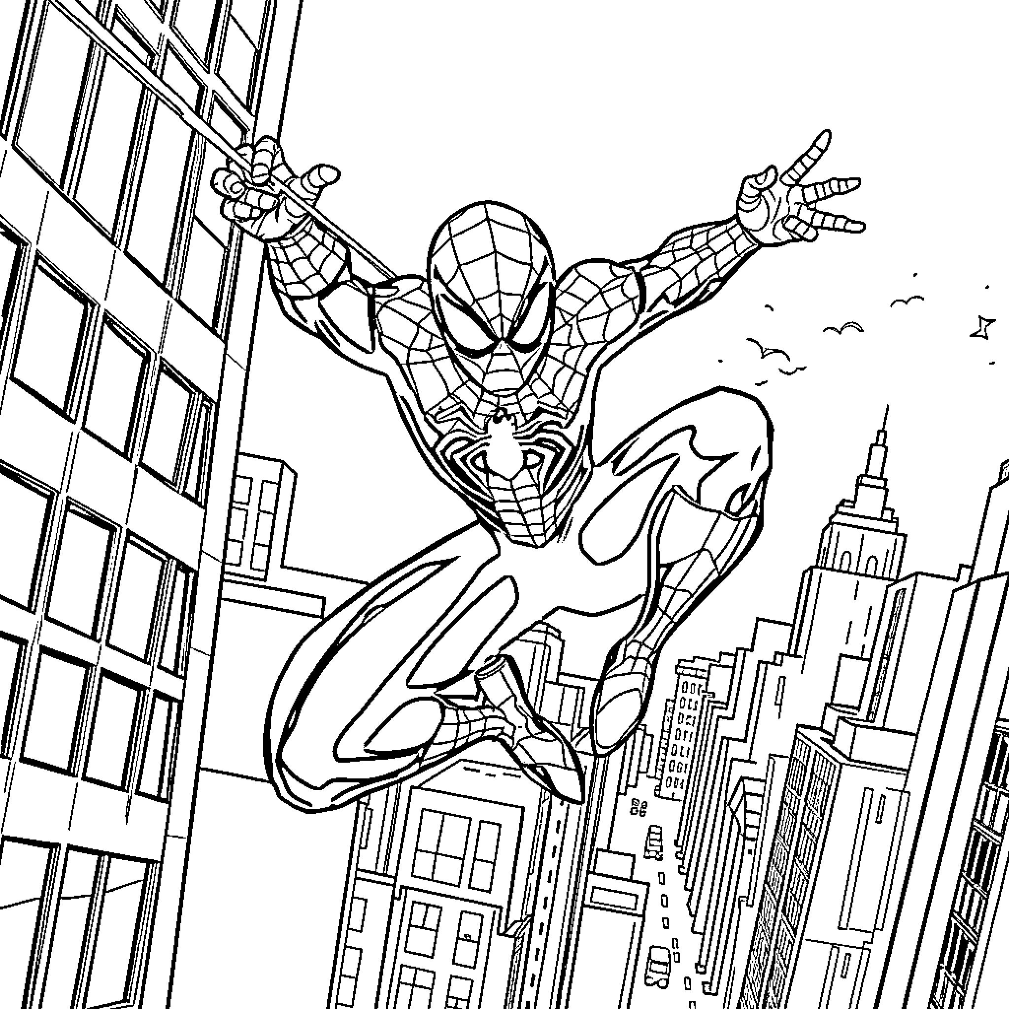 Spider-Man swinging through the city Coloring Page (free black-and-white line drawing printable PDF for all, from beginners to advanced learners, including children, teens, adults, and seniors)