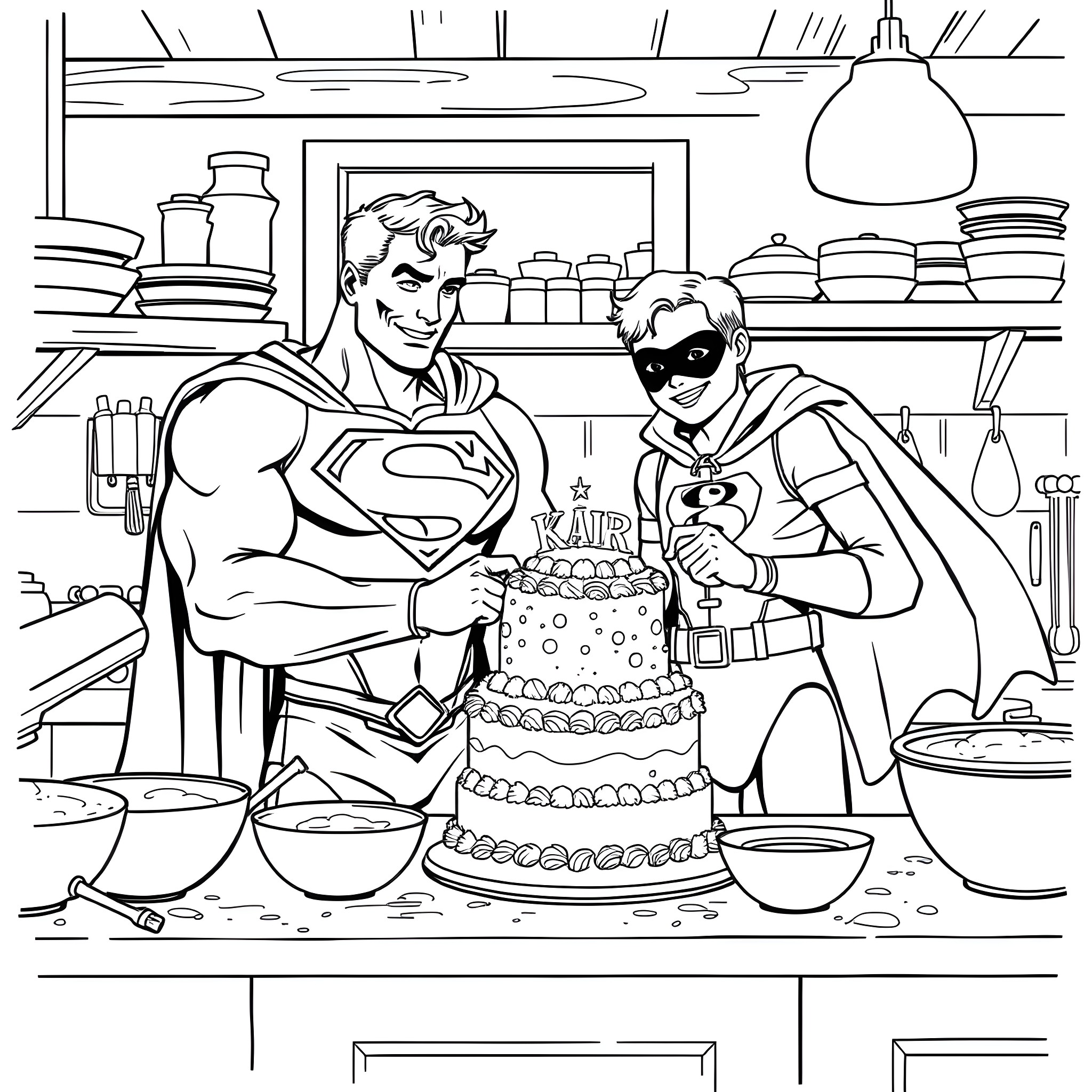 Superman and sidekick baking a cake together Coloring Page (free black-and-white line drawing printable PDF for all, from beginners to advanced learners, including children, teens, adults, and seniors)
