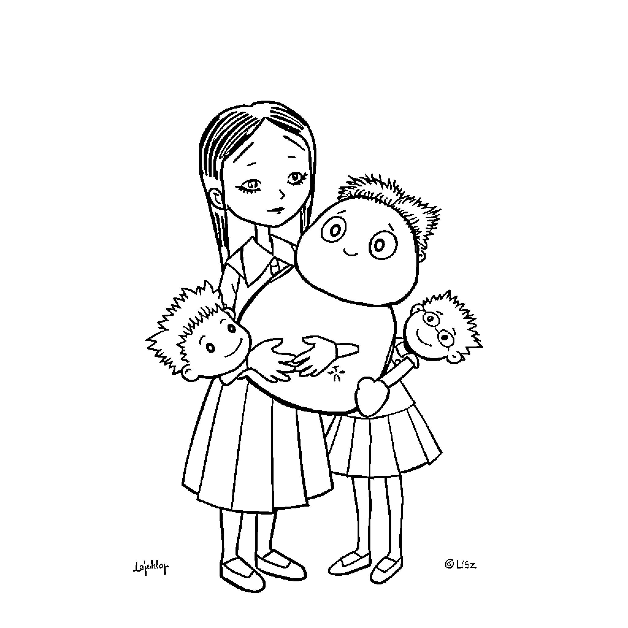 Wednesday Addams embracing her quirky family Coloring Page (free black-and-white line drawing printable PDF for all, from beginners to advanced learners, including children, teens, adults, and seniors)
