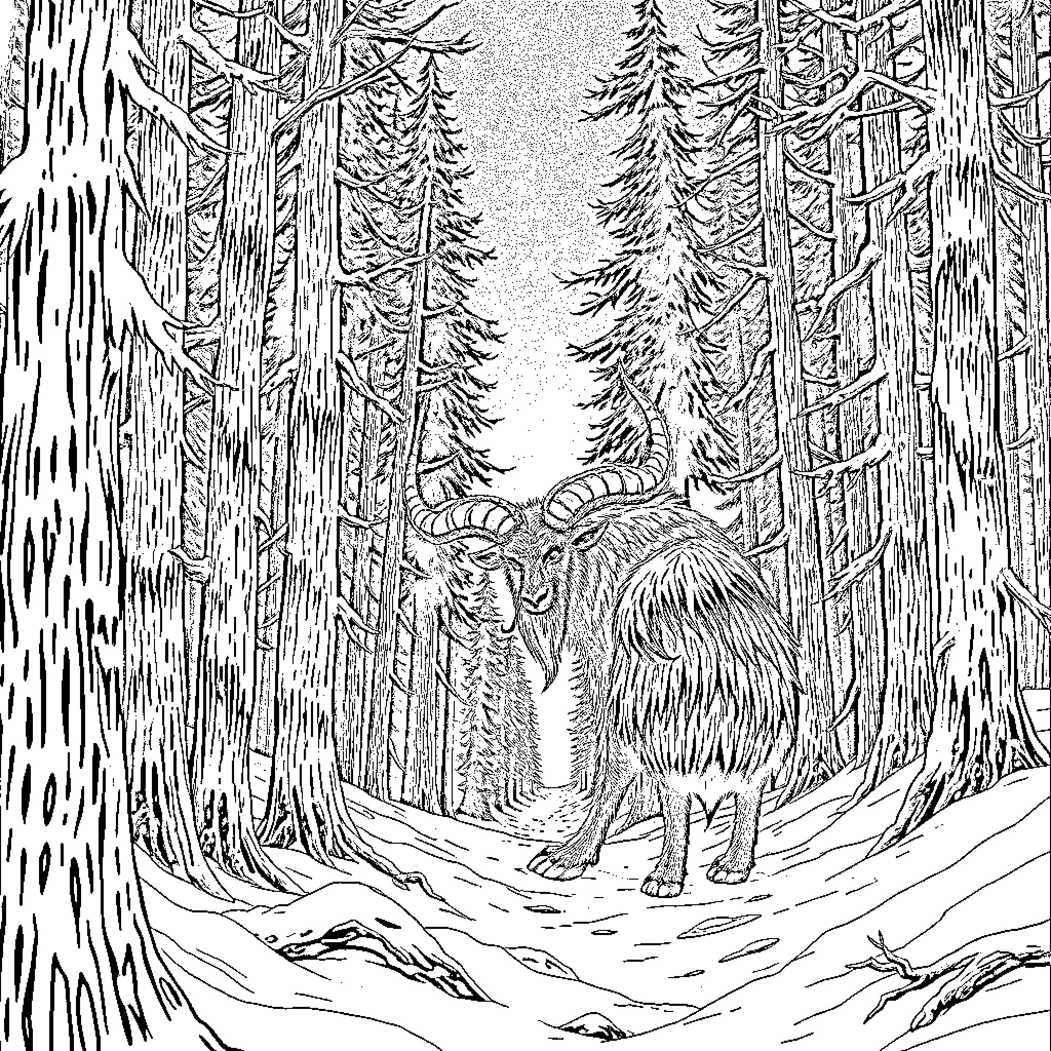 Krampus wandering through the winter forest Coloring Page (free black-and-white line drawing printable PDF for all, from beginners to advanced learners, including children, teens, adults, and seniors)