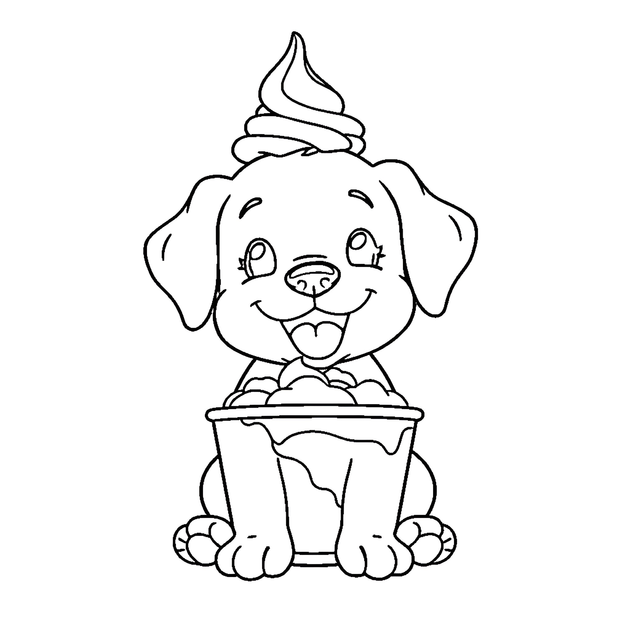 Puppy with Whipped Cream Treat Coloring Page (free black-and-white line drawing printable PDF for all, from beginners to advanced learners, including children, teens, adults, and seniors)