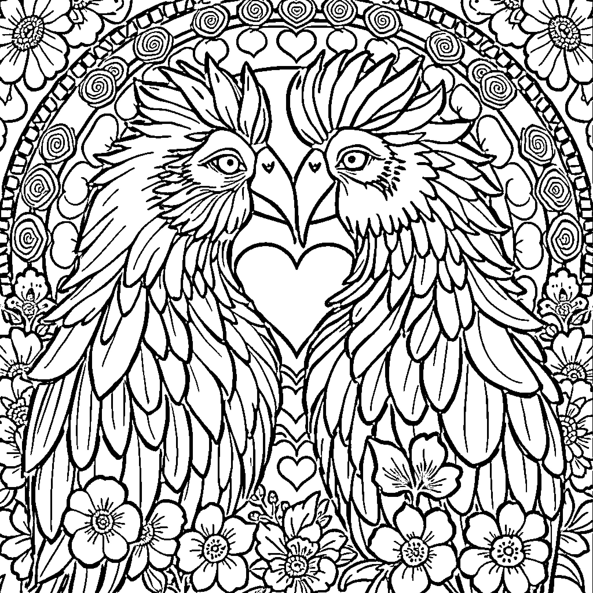 Loro's Ornate Avian Splendor Coloring Page (free black-and-white line drawing printable PDF for all, from beginners to advanced learners, including children, teens, adults, and seniors)