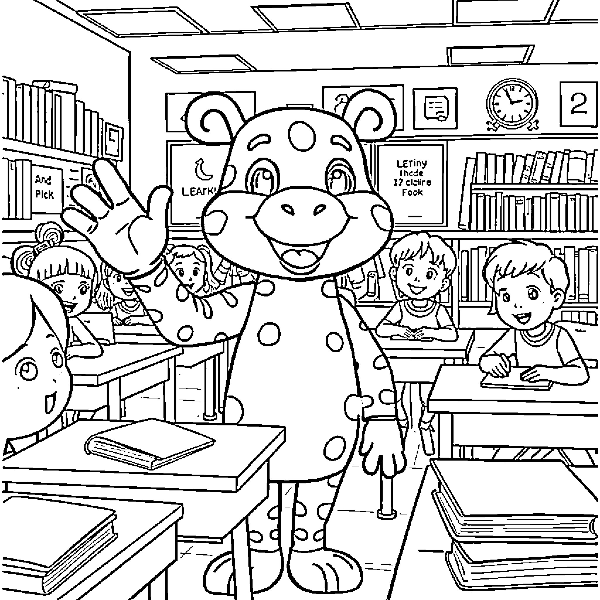 Labubu's Fun Learning Adventure in the Classroom Coloring Page (free black-and-white line drawing printable PDF for all, from beginners to advanced learners, including children, teens, adults, and seniors)