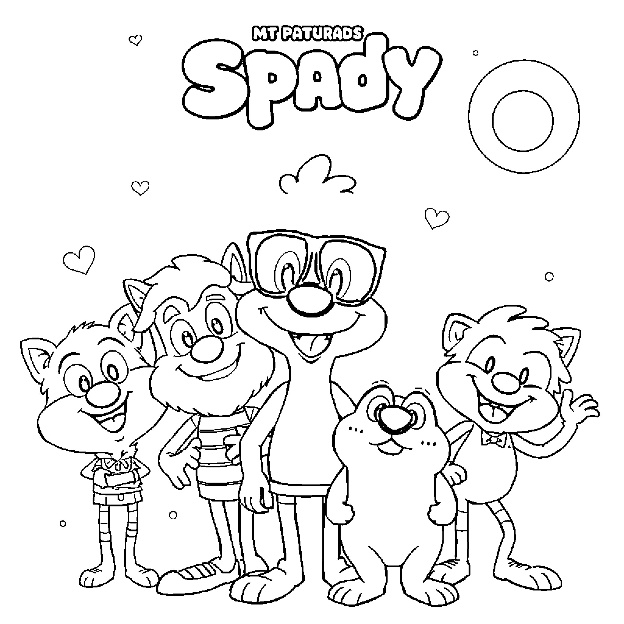 Spady Characters Enjoying Playful Expressions Coloring Page (free black-and-white line drawing printable PDF for all, from beginners to advanced learners, including children, teens, adults, and seniors)