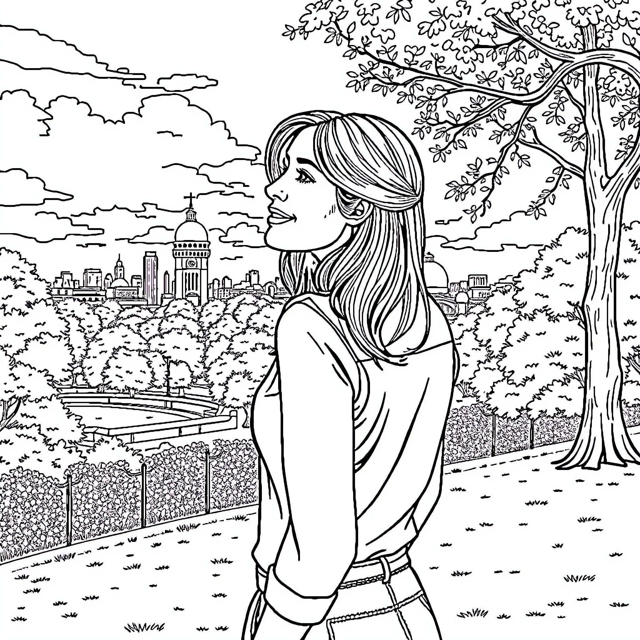 Woman Enjoying Scenic Urban View from Park Coloring Page (free black-and-white line drawing printable PDF for all, from beginners to advanced learners, including children, teens, adults, and seniors)