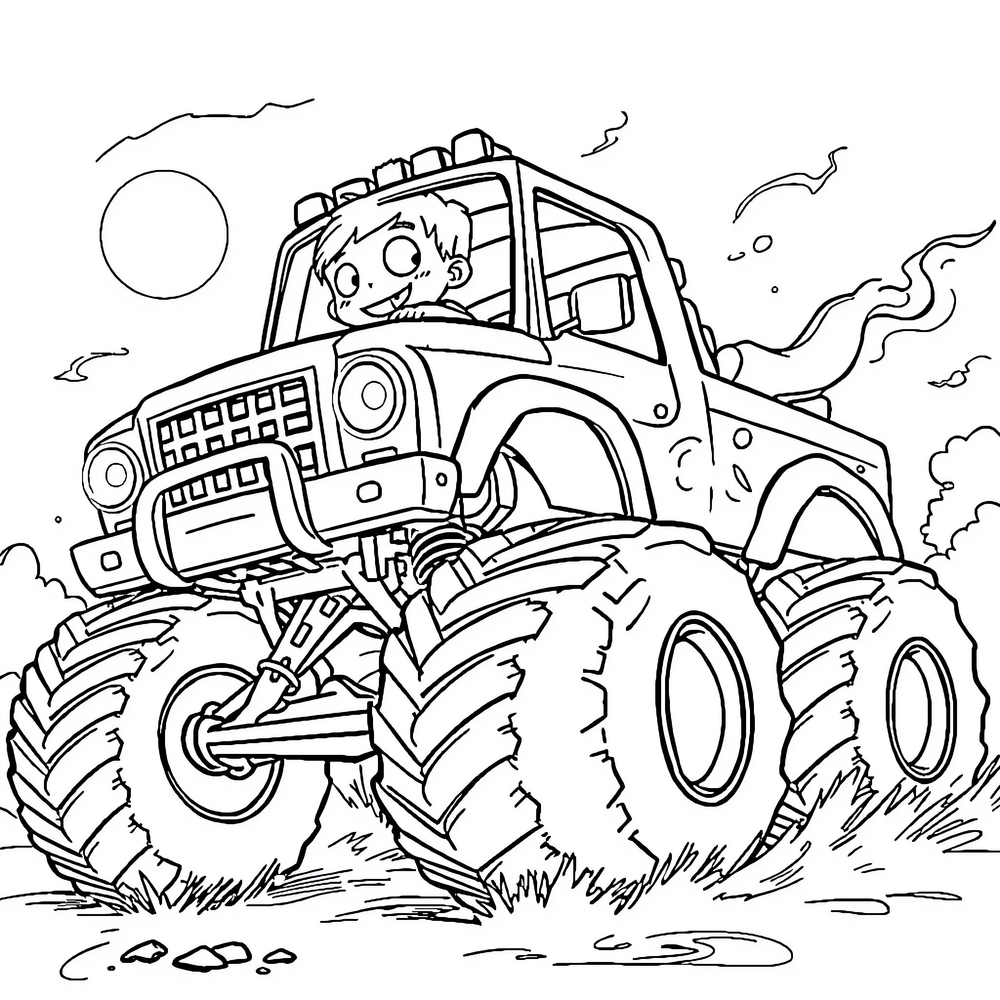 Zombie Monster Truck Wreaking Havoc on the Road Coloring Page (free black-and-white line drawing printable PDF for all, from beginners to advanced learners, including children, teens, adults, and seniors)