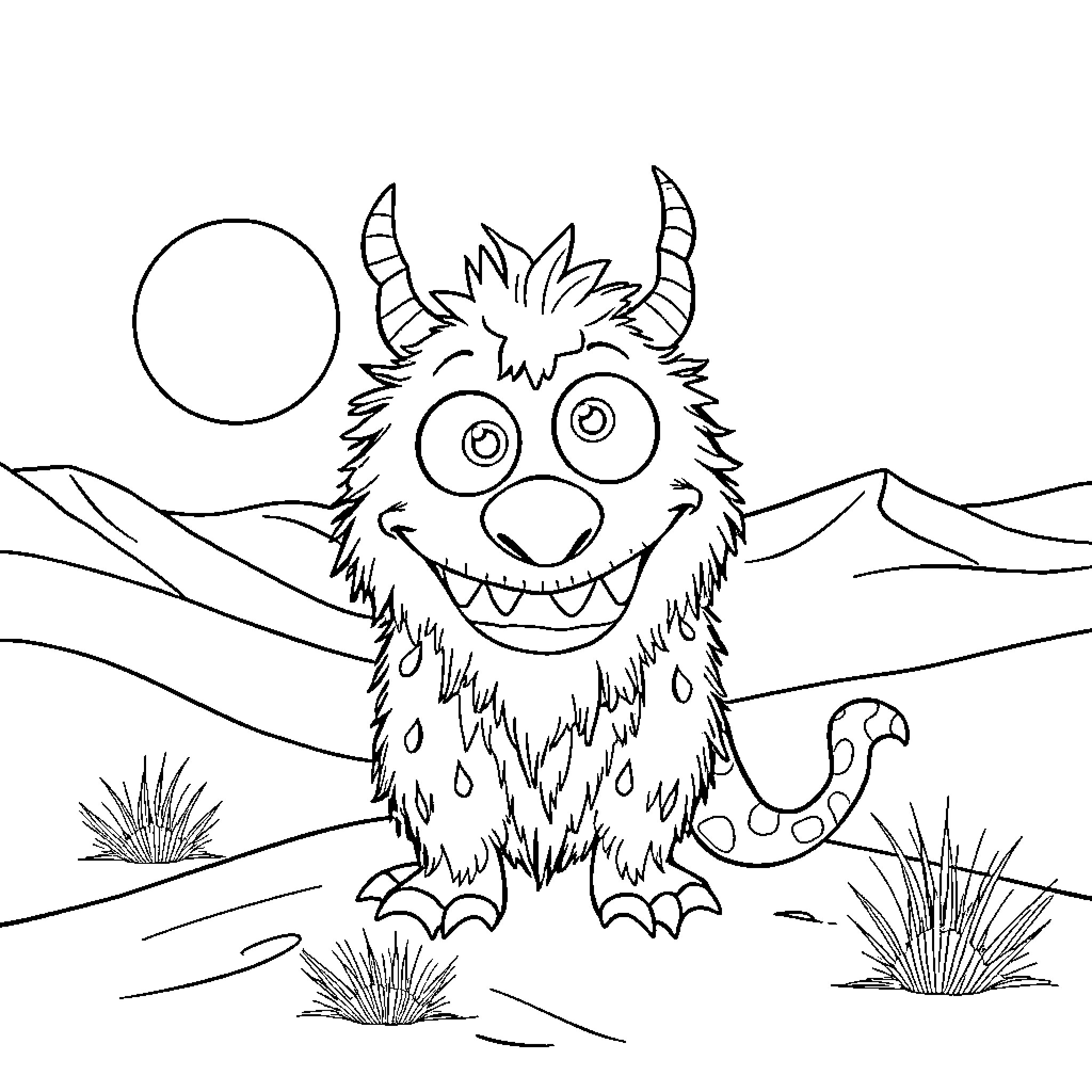 Heela Monster Smiling Happily in Wilderness Coloring Page (free black-and-white line drawing printable PDF for all, from beginners to advanced learners, including children, teens, adults, and seniors)