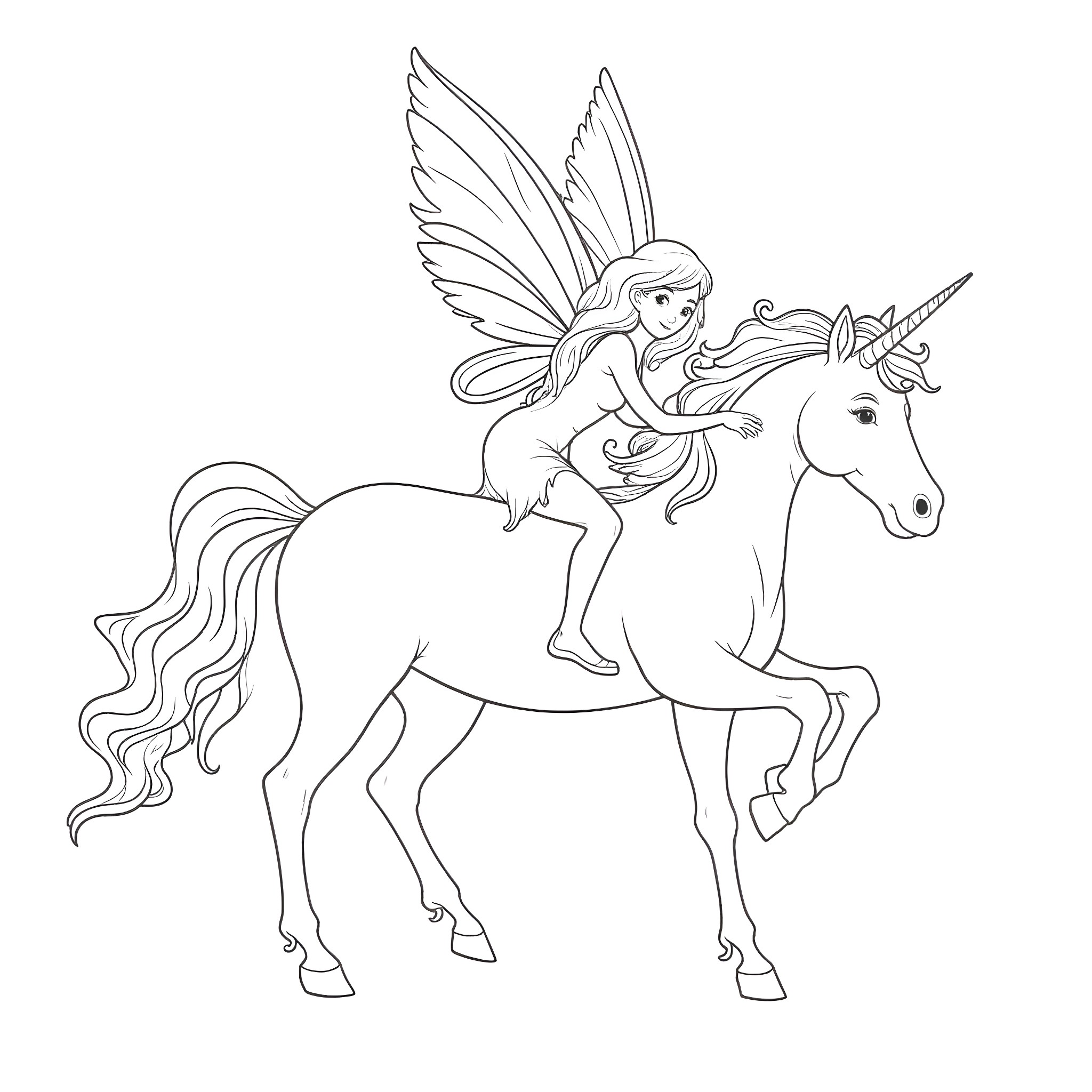 Fairy riding a magical unicorn Coloring Page (free black-and-white line drawing printable PDF for all, from beginners to advanced learners, including children, teens, adults, and seniors)