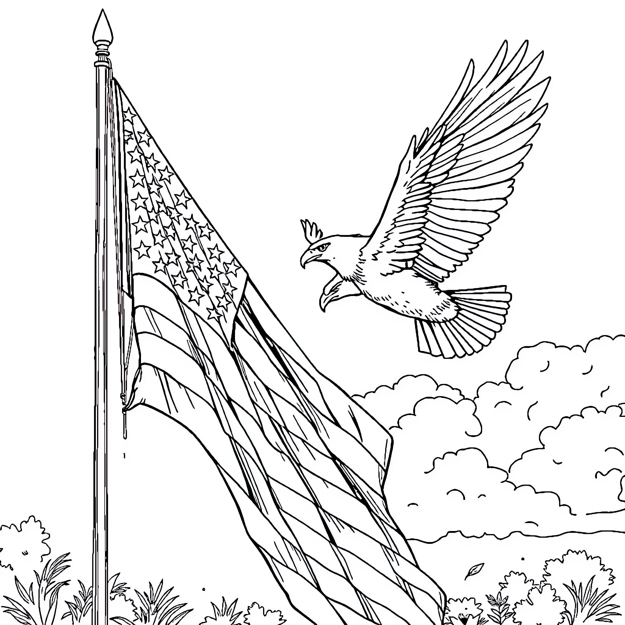 Flag of the United States with soaring eagle Coloring Page (free black-and-white line drawing printable PDF for all, from beginners to advanced learners, including children, teens, adults, and seniors)