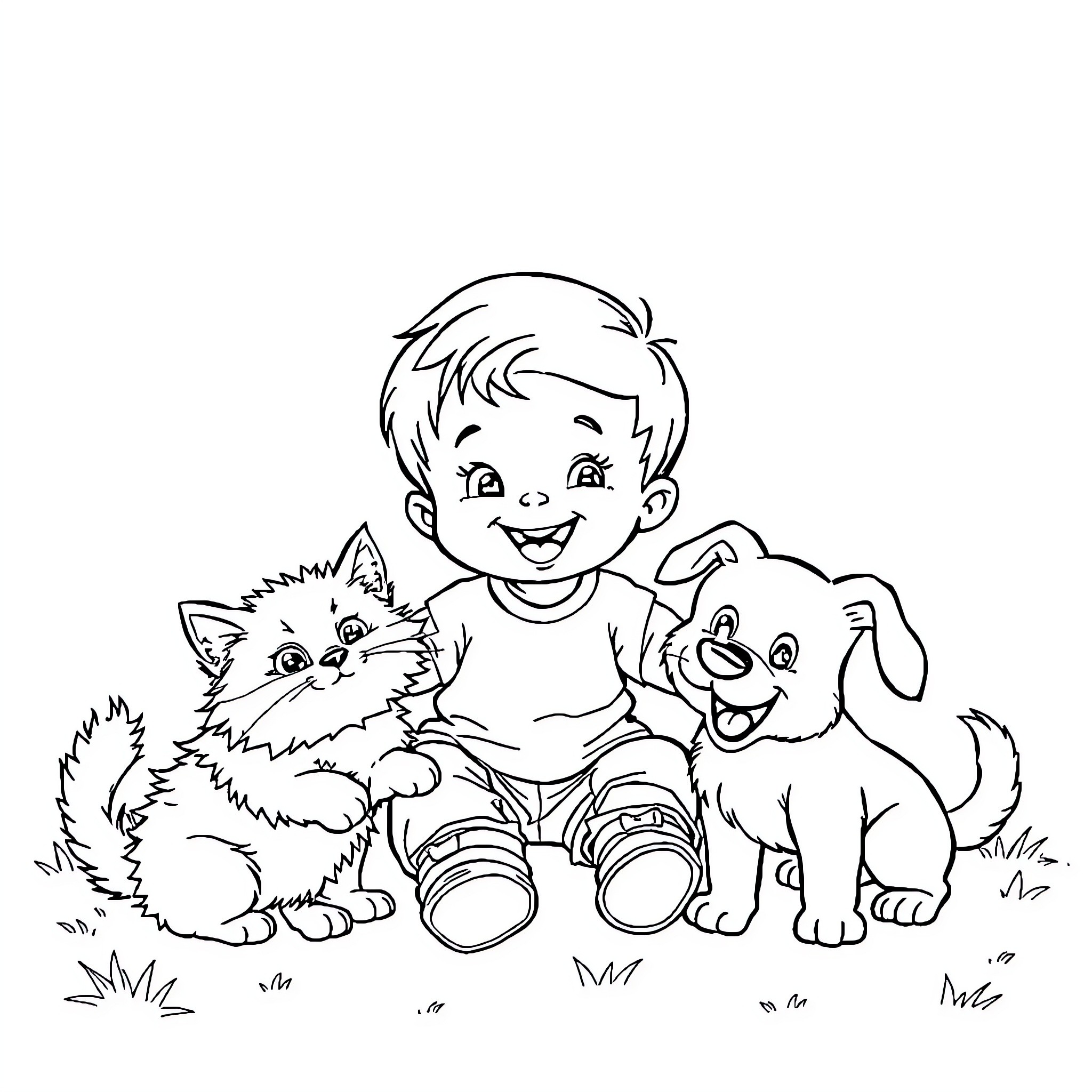 Toddler playing with kittens and puppies in the park Coloring Page (free black-and-white line drawing printable PDF for all, from beginners to advanced learners, including children, teens, adults, and seniors)
