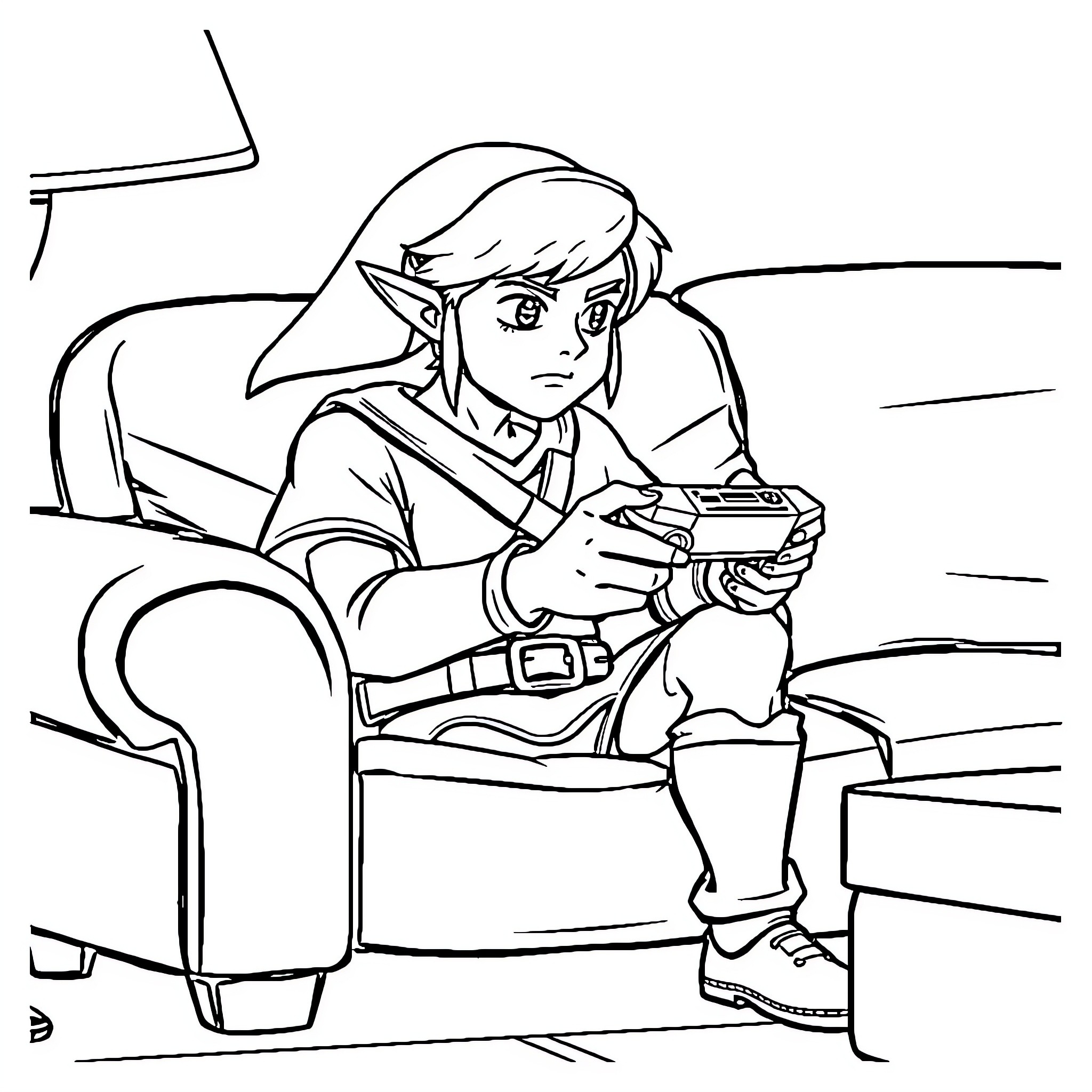 Link playing a video game on the couch Coloring Page (free black-and-white line drawing printable PDF for all, from beginners to advanced learners, including children, teens, adults, and seniors)