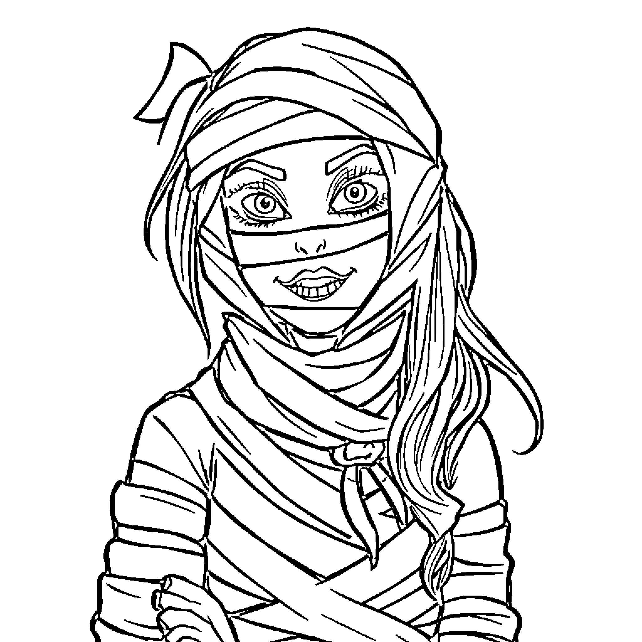 Teacher in Bandaged Attire Smiling Coloring Page (free black-and-white line drawing printable PDF for all, from beginners to advanced learners, including children, teens, adults, and seniors)
